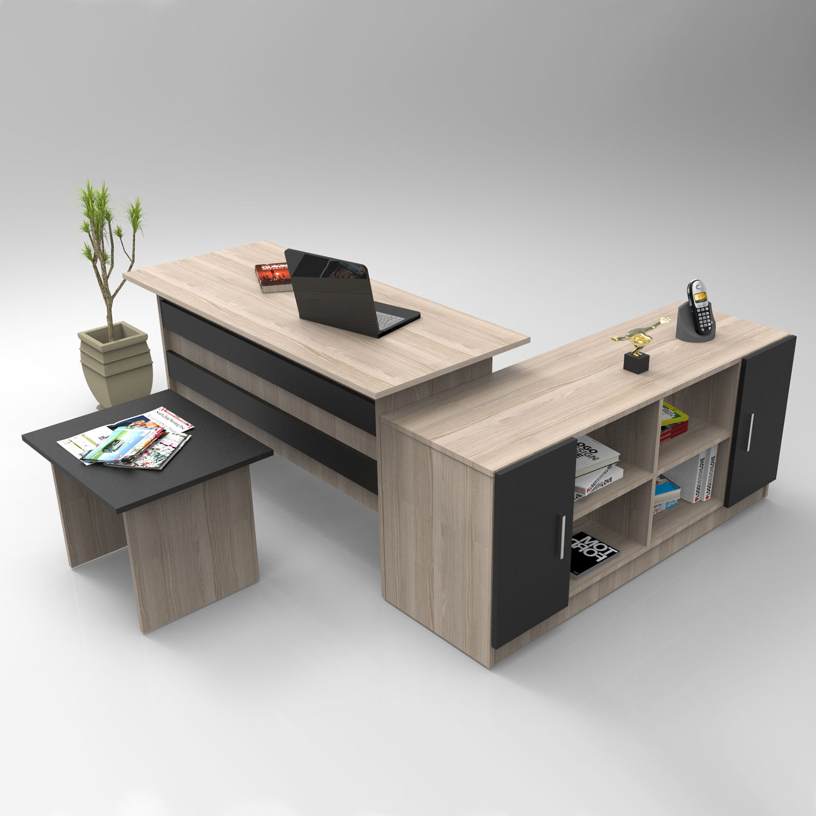 Bureau, buffet et table basse Busymo Chêne clair et Noir