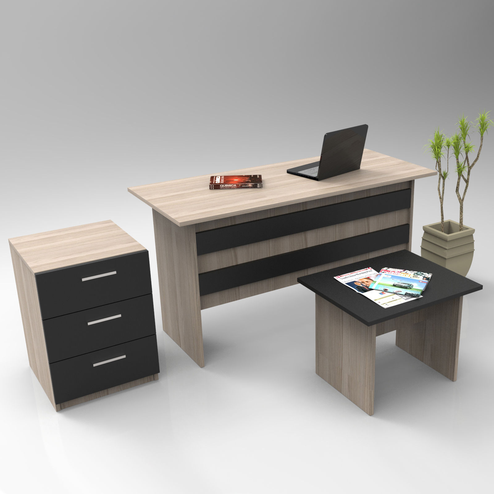 Bureau, commode et table basse Busymo Chêne clair et Noir