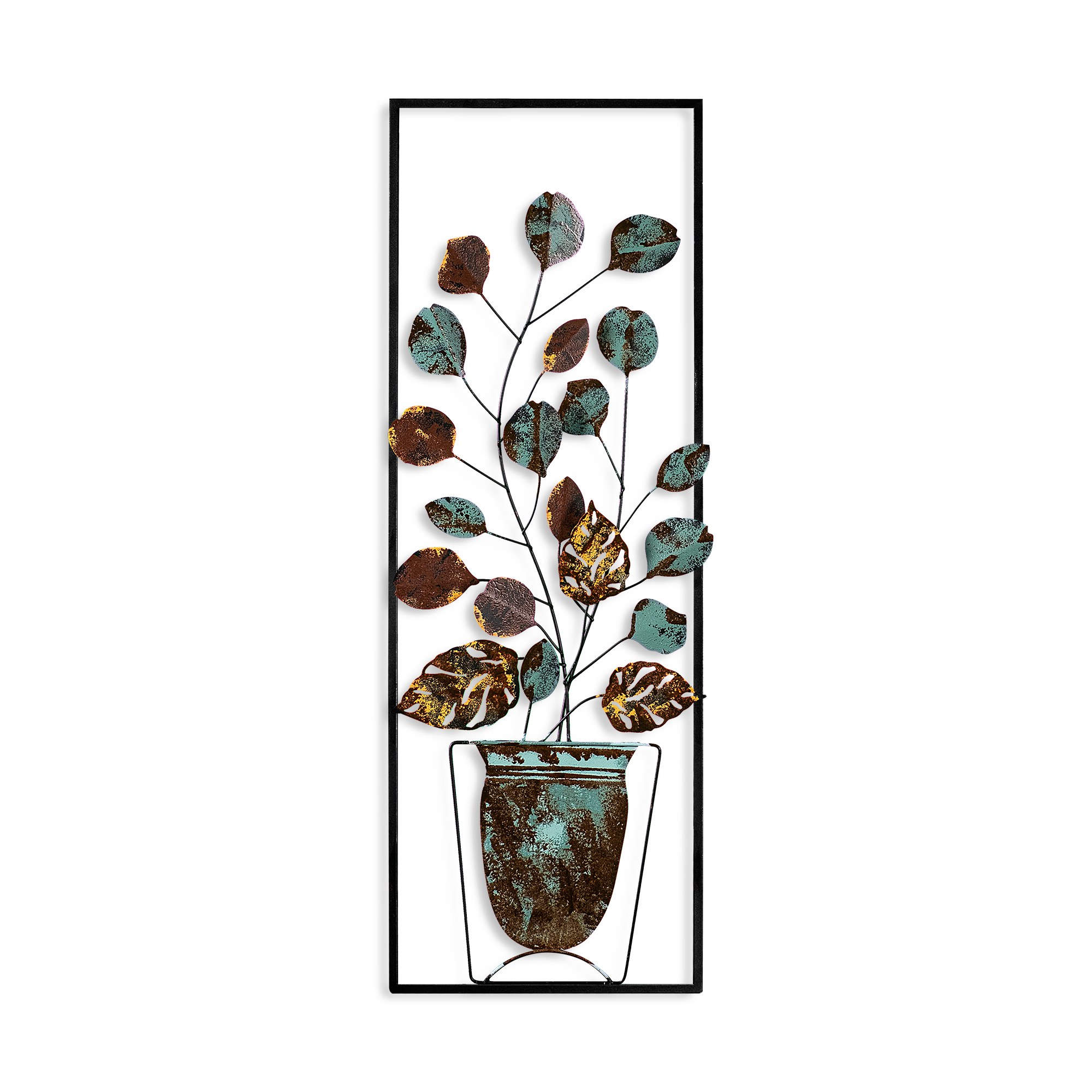 Cadre décoration murale pot de fleurs Basan L32xH90cm Métal Marron, Or et Bleu