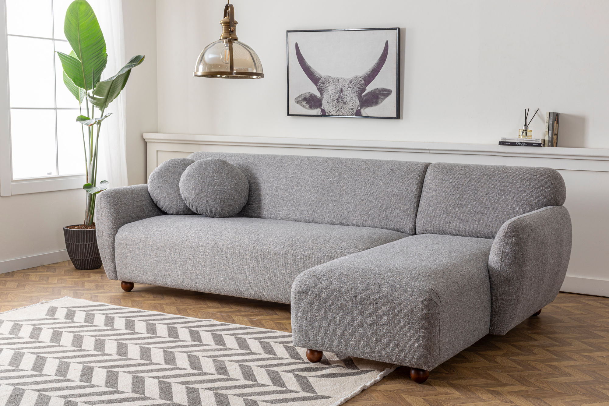 Canapé d'angle à droite avec 2 coussins Irek Tissu Gris clair