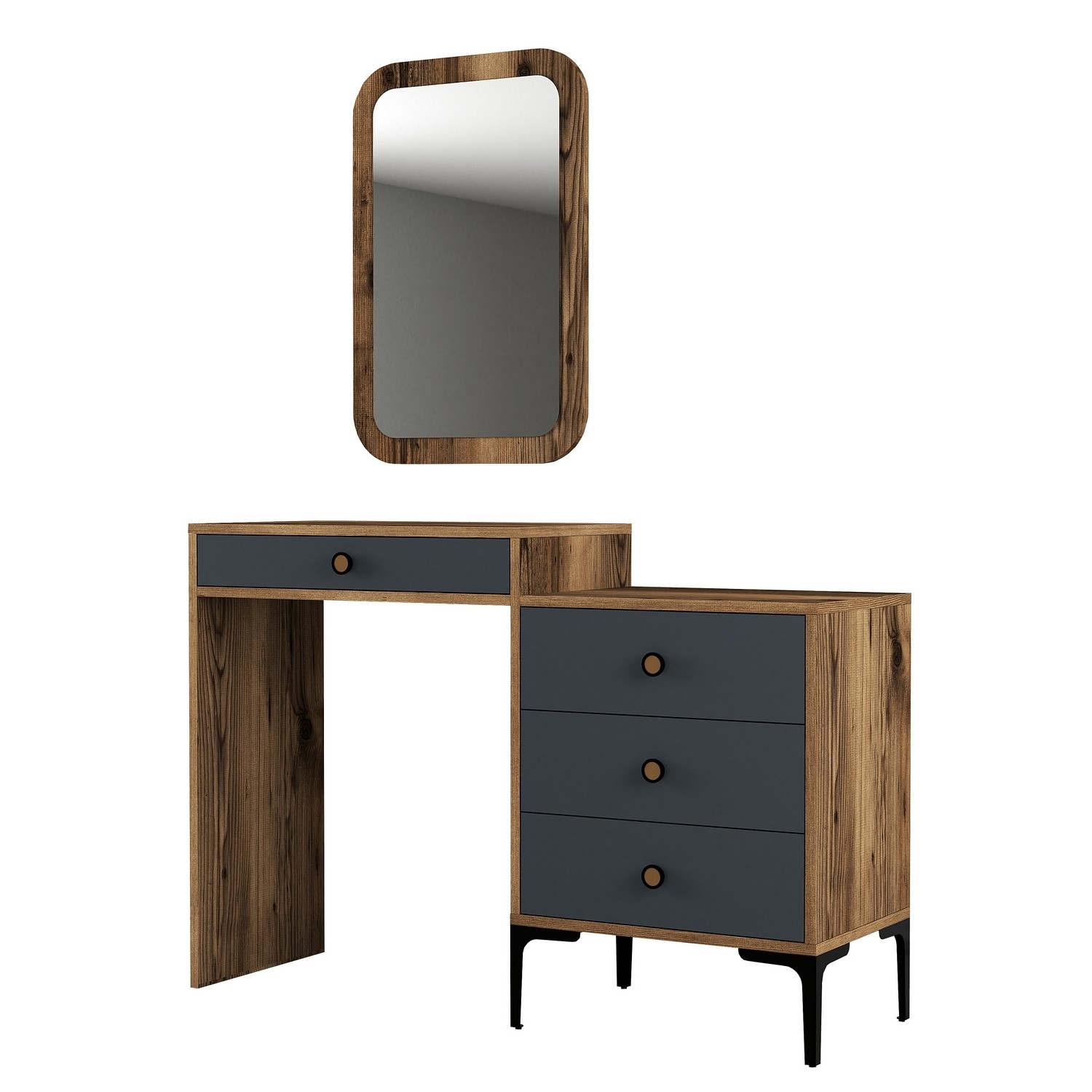 Coiffeuse 4 tiroirs avec miroir mural Secondo Bois et Anthracite