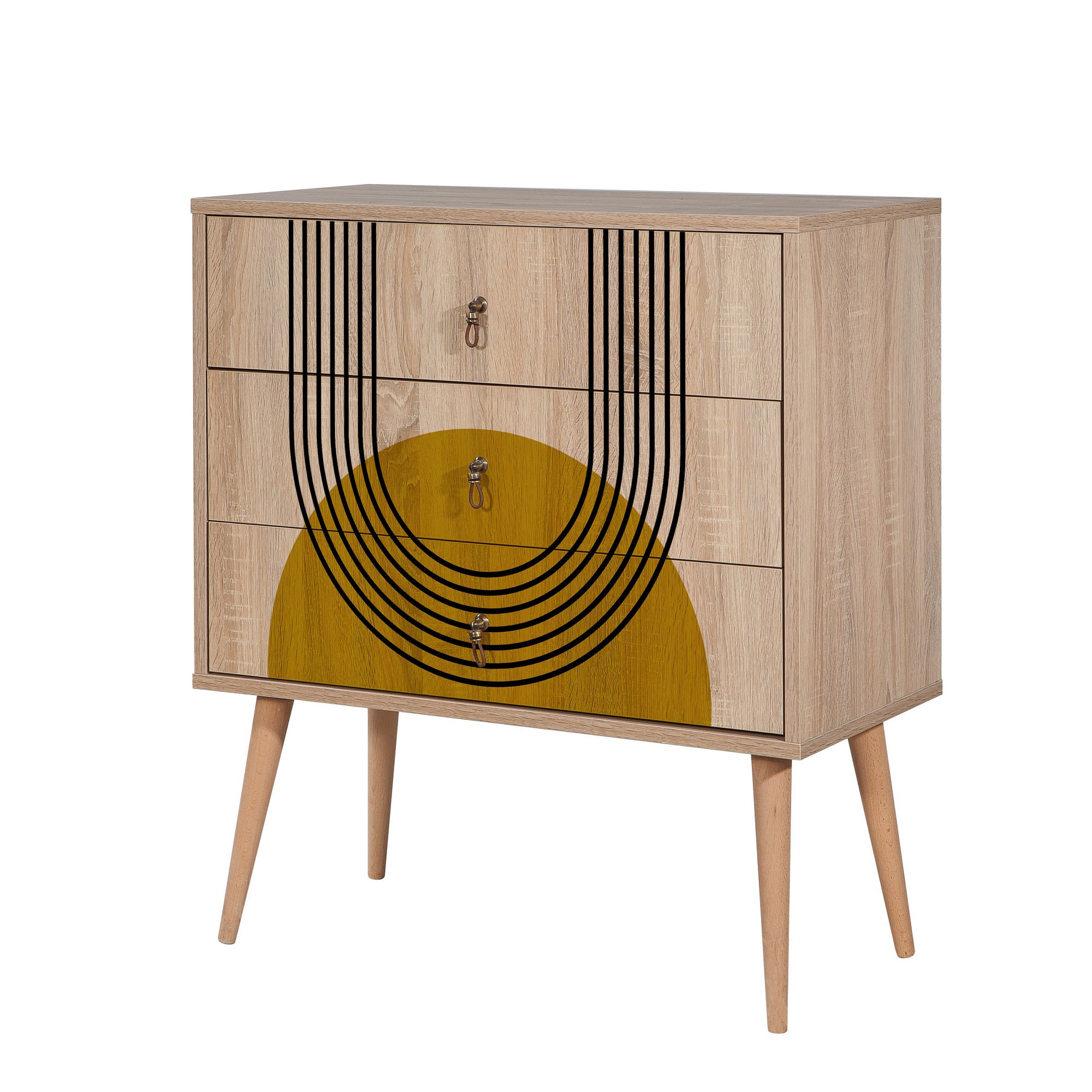 Commode 3 tiroirs Sleek Bois Motif Géométrique, cercle Jaune et ligne Noir