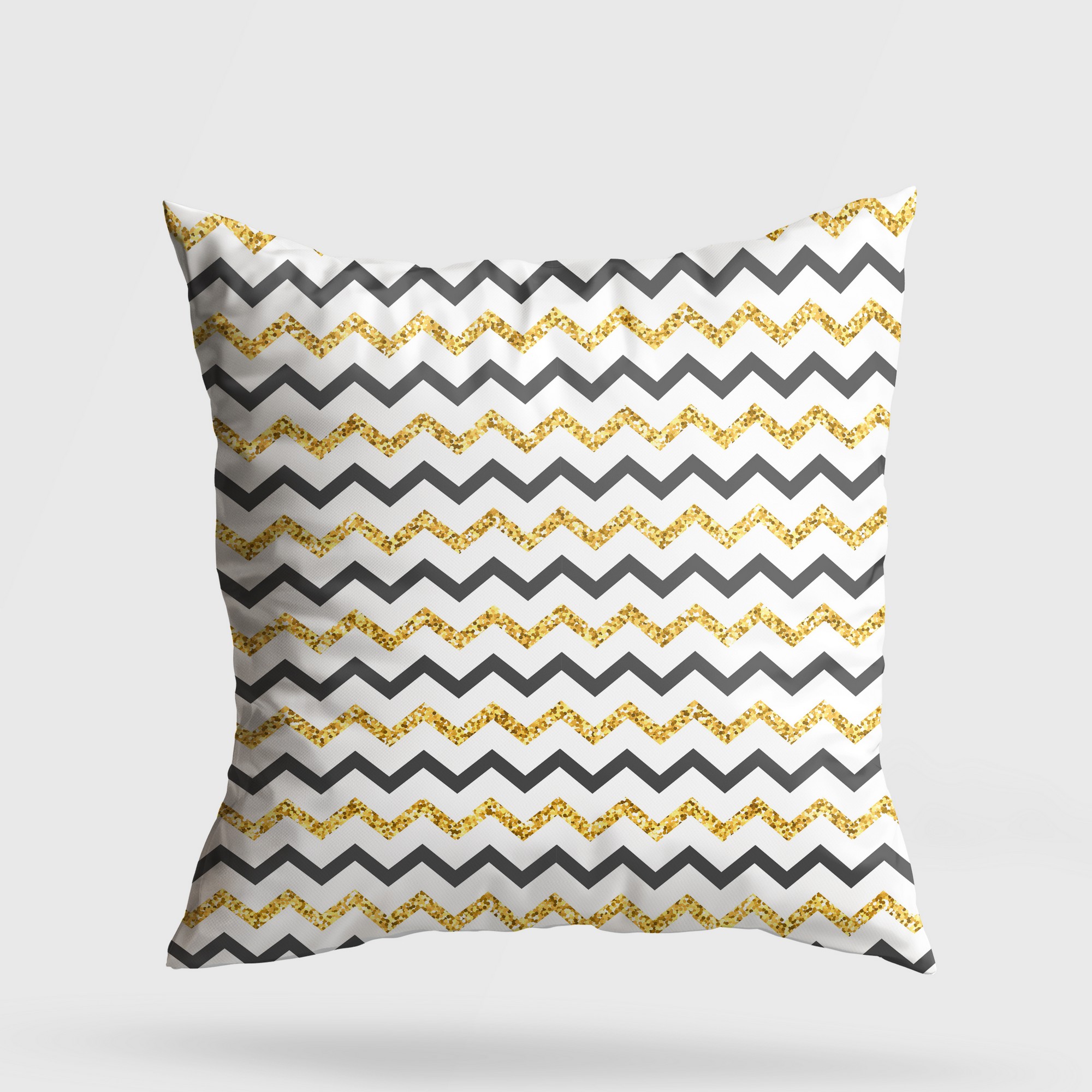 Coussin Ramiah 43x43cm Tissu Motif Petite zigzag Or, Noir et Blanc