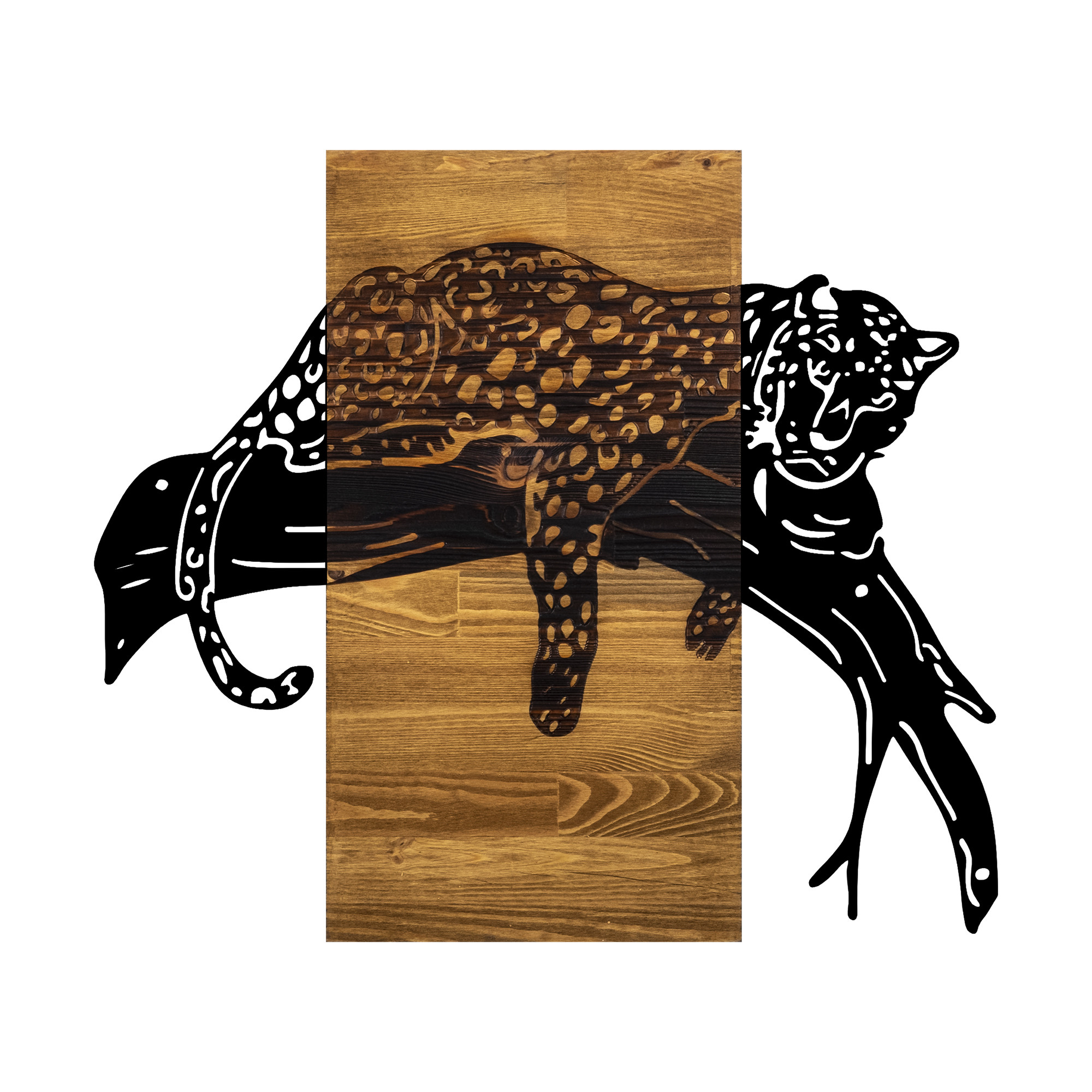 Décoration murale Chiara 66x58cm Léopard Bois Naturel et Métal Noir