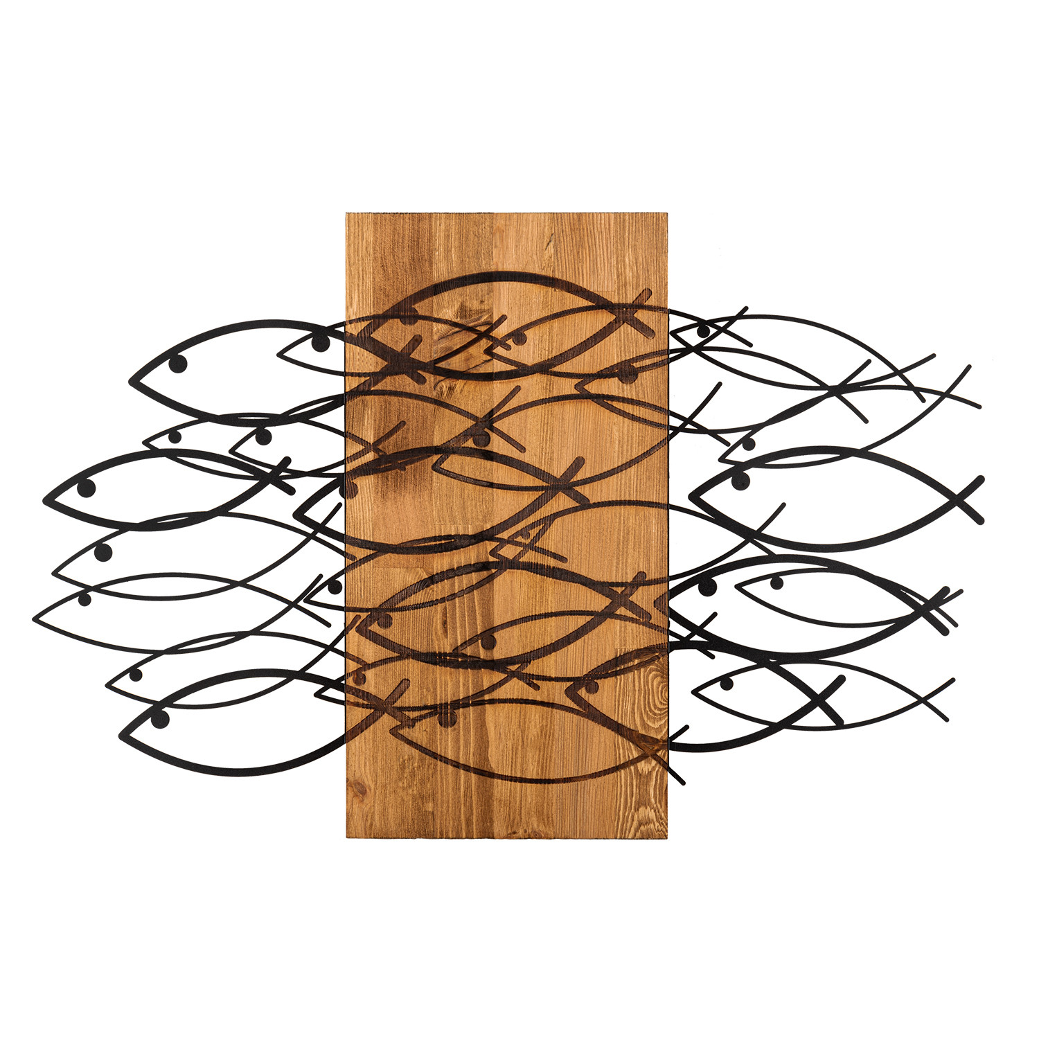 Décoration murale Chiara 87x58cm Poissons Bois Naturel et Métal Noir