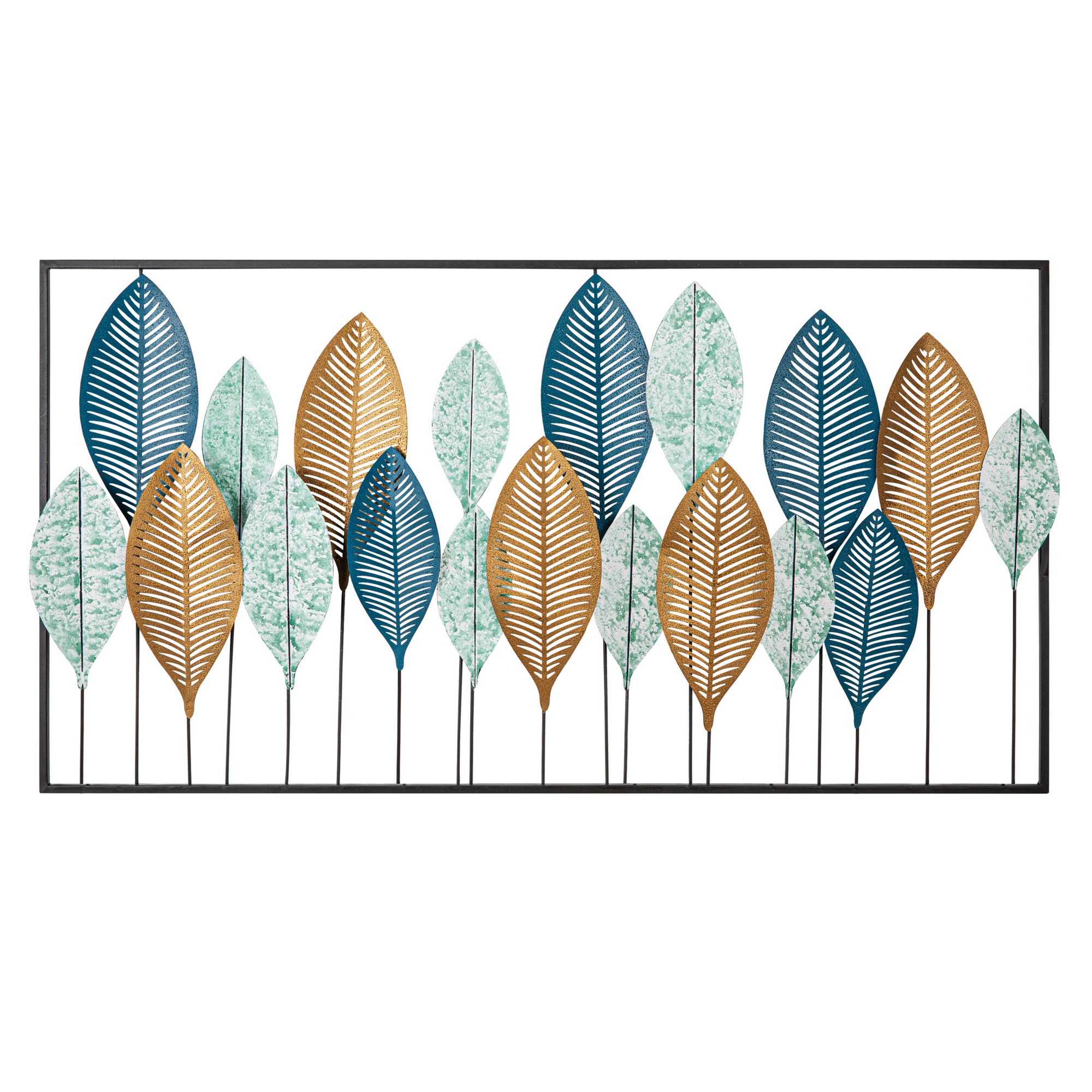 Décoration murale feuilles Myrtil L115xH60cm Métal Vert, Bleu et Or