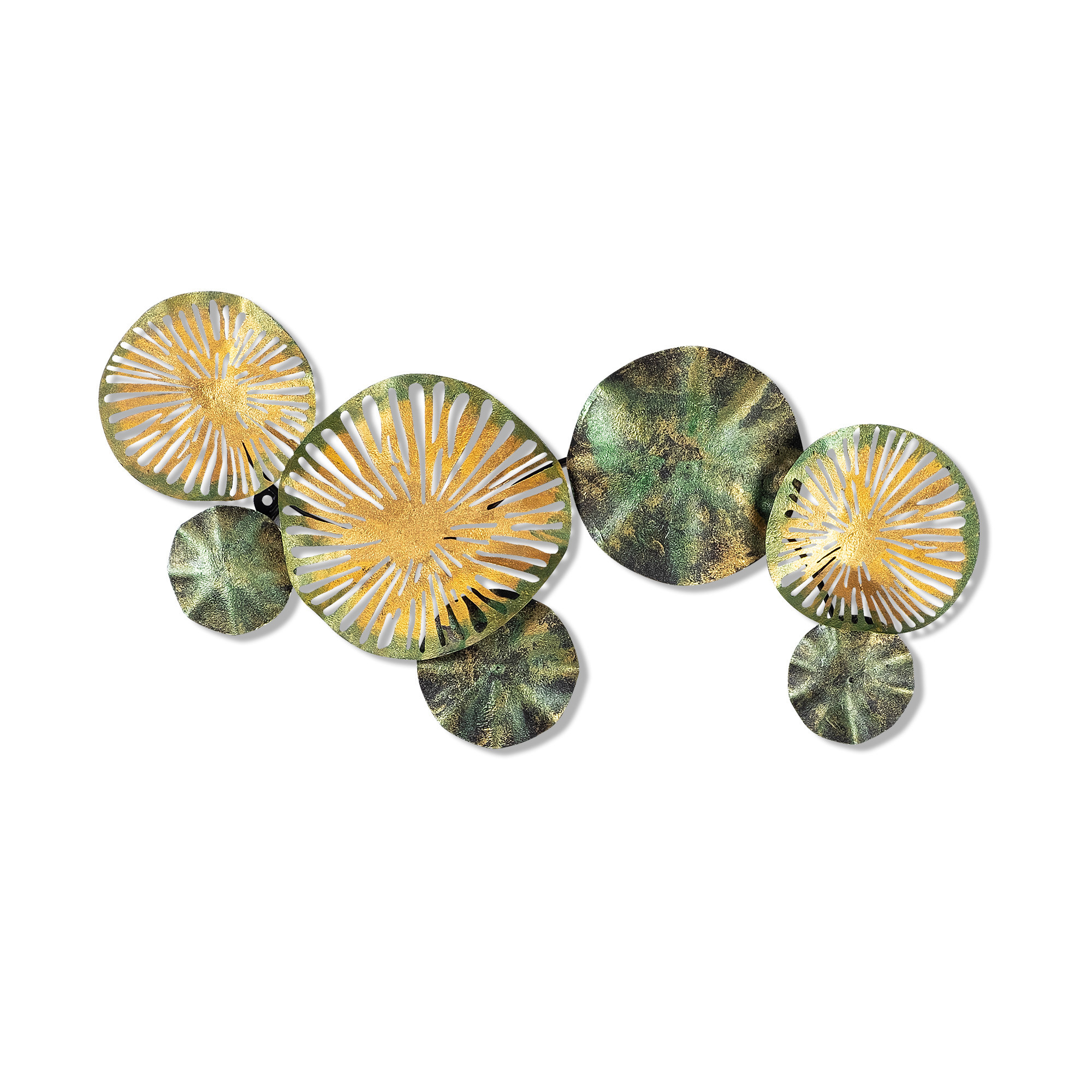 Décoration murale Lectus L74xH38cm 7 Feuilles de lotus Métal Vert et Jaune
