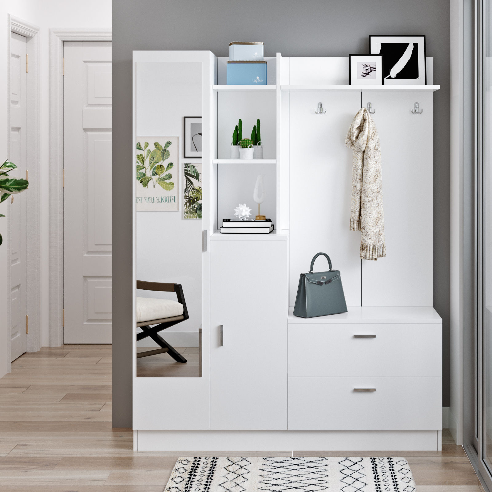Ensemble armoire de rangement et porte manteau Laska style scandinave en bois Blanc