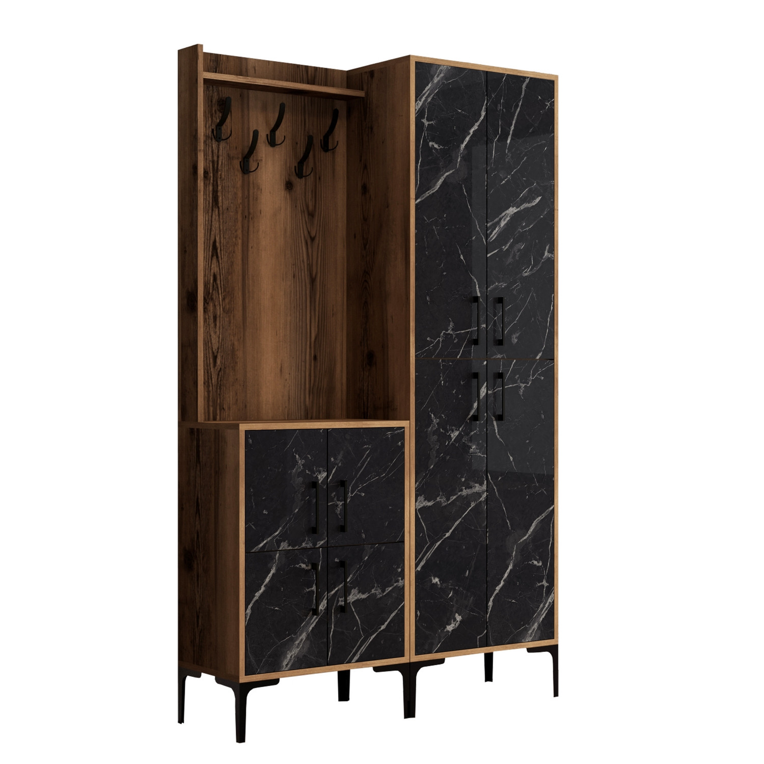 Ensemble armoire de rangement et porte manteau Shera en bois Chêne foncé et Effet marbre Noir