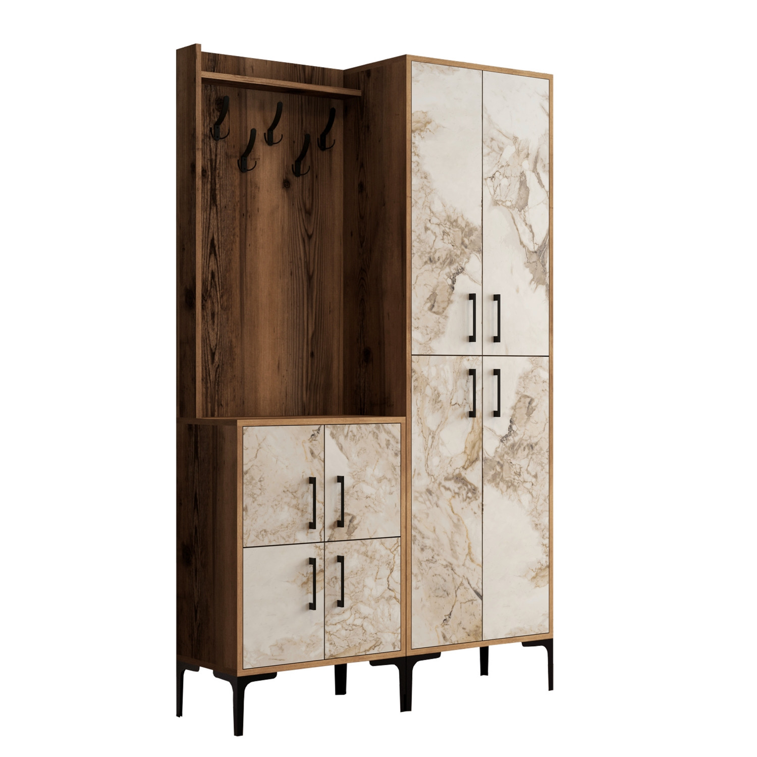 Ensemble armoire de rangement et porte manteau Shera en bois Chêne foncé et Effet marbre