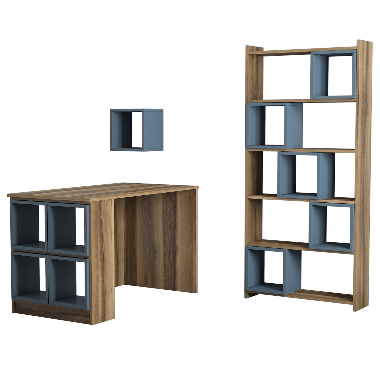 Ensemble bureau, bibliothèque et étagère Officila Bois et Bleu