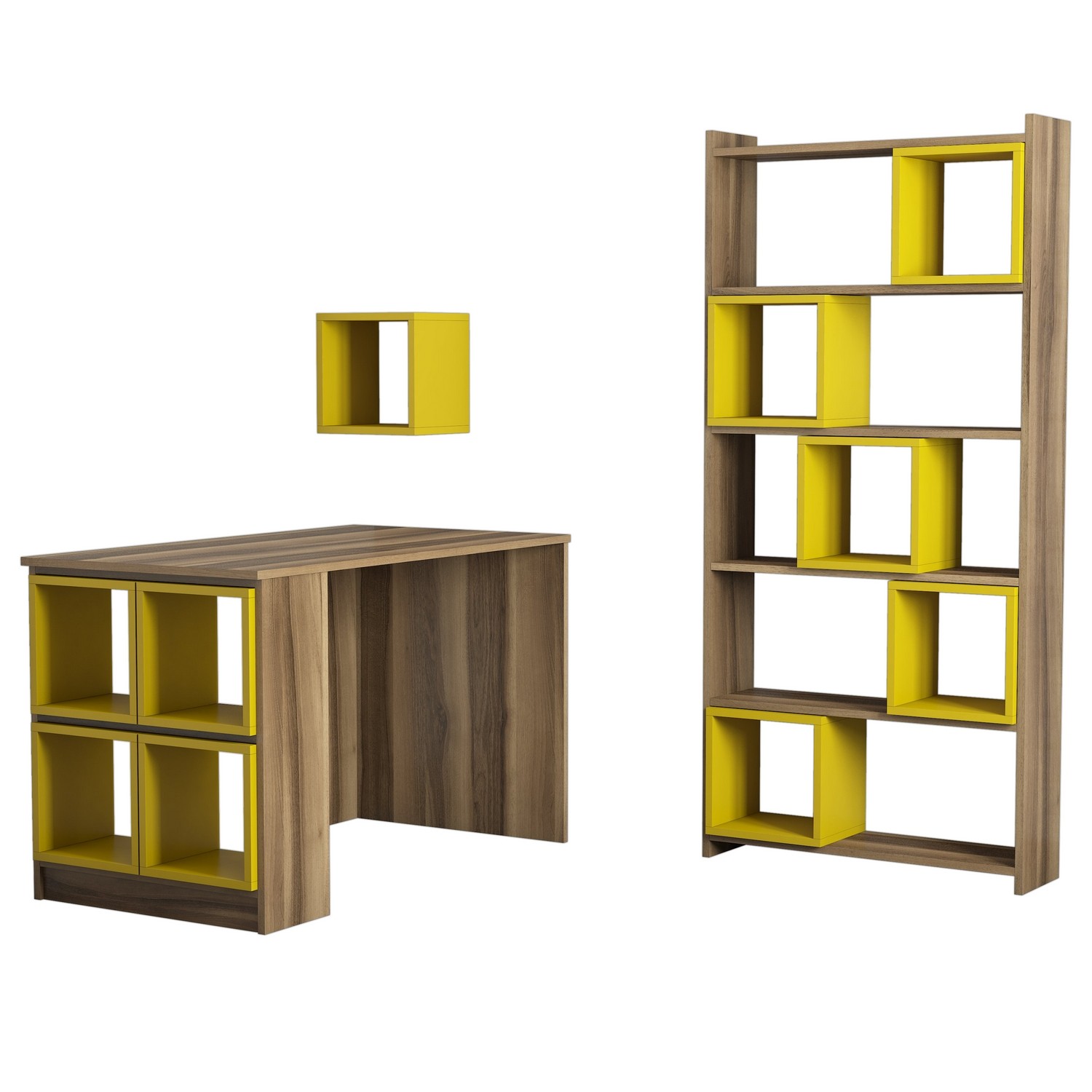Ensemble bureau bibliothèque et étagère Officila Bois et Jaune