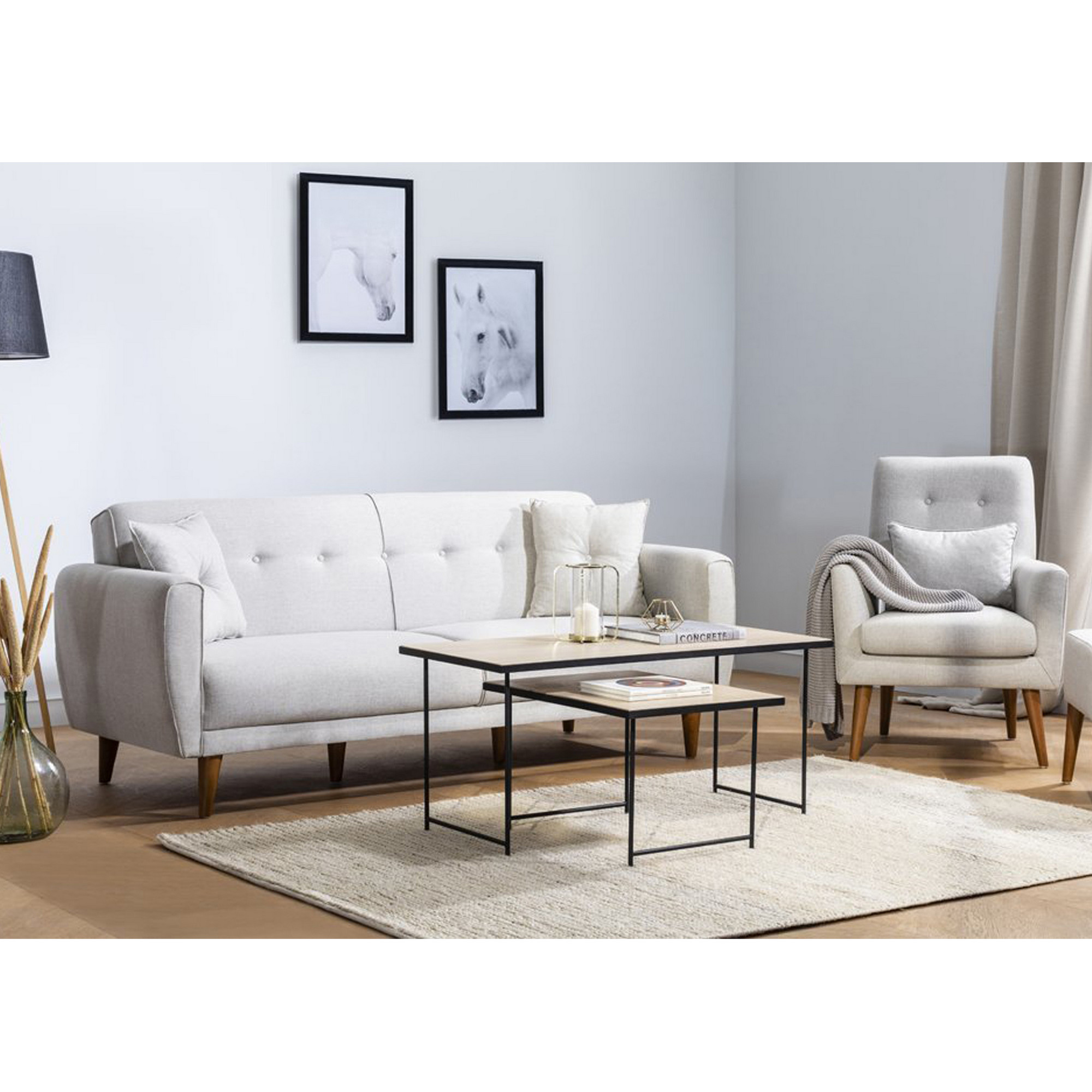 Ensemble canapé 3 places convertible et fauteuil Uzume Tissu Blanc crème