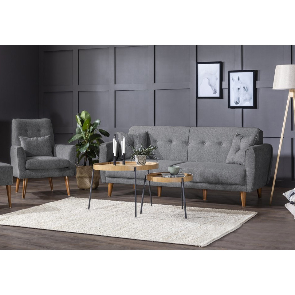Ensemble canapé 3 places convertible et fauteuil Uzume Tissu Gris foncé
