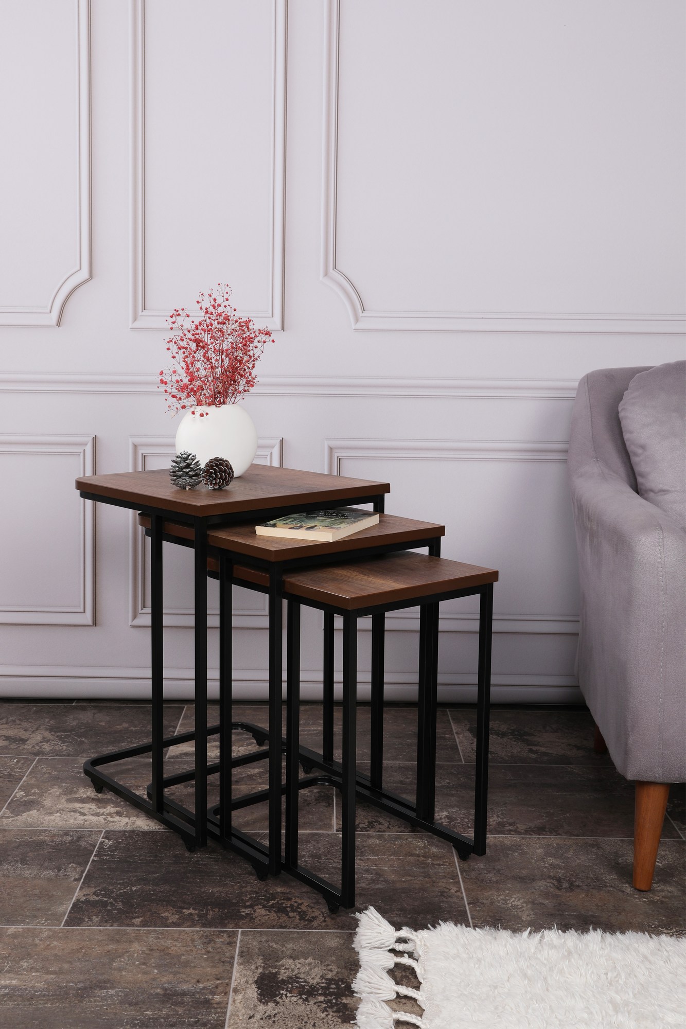 Ensemble de 3 tables basses gigognes Iton Métal Noir et Bois foncé