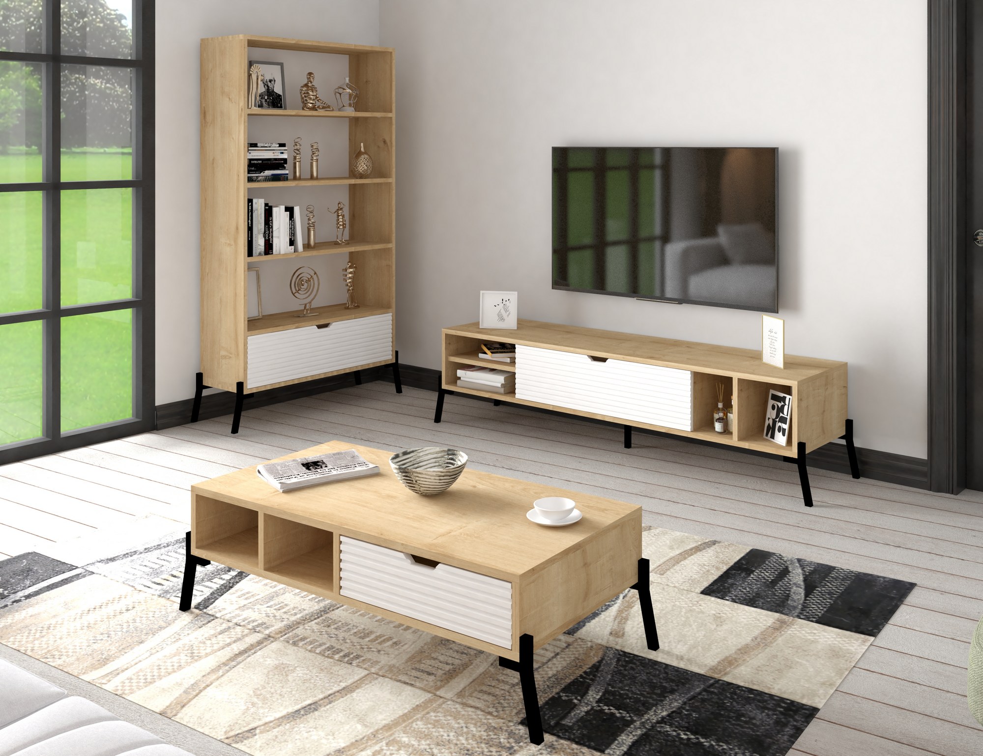 Ensemble meuble de salon Radi Chêne clair et Blanc