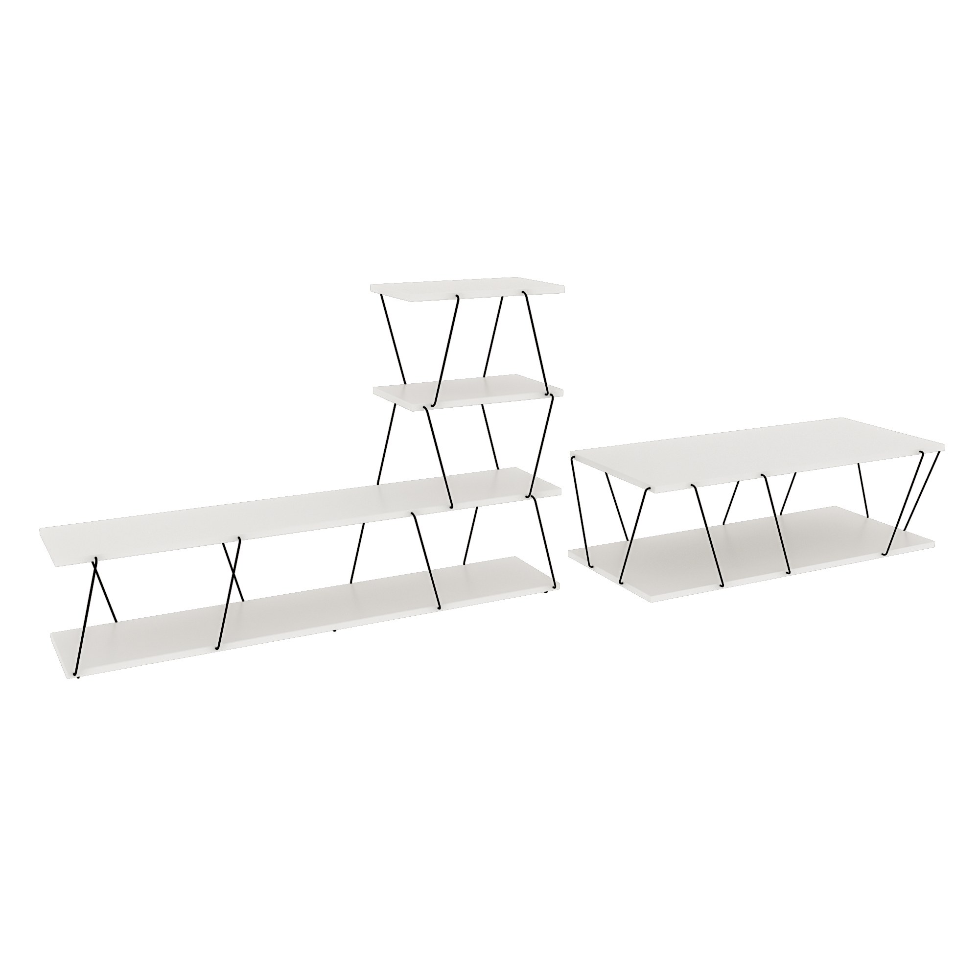 Ensemble meuble Tv avec étagère et table basse Filumis Métal Noir et Bois Blanc