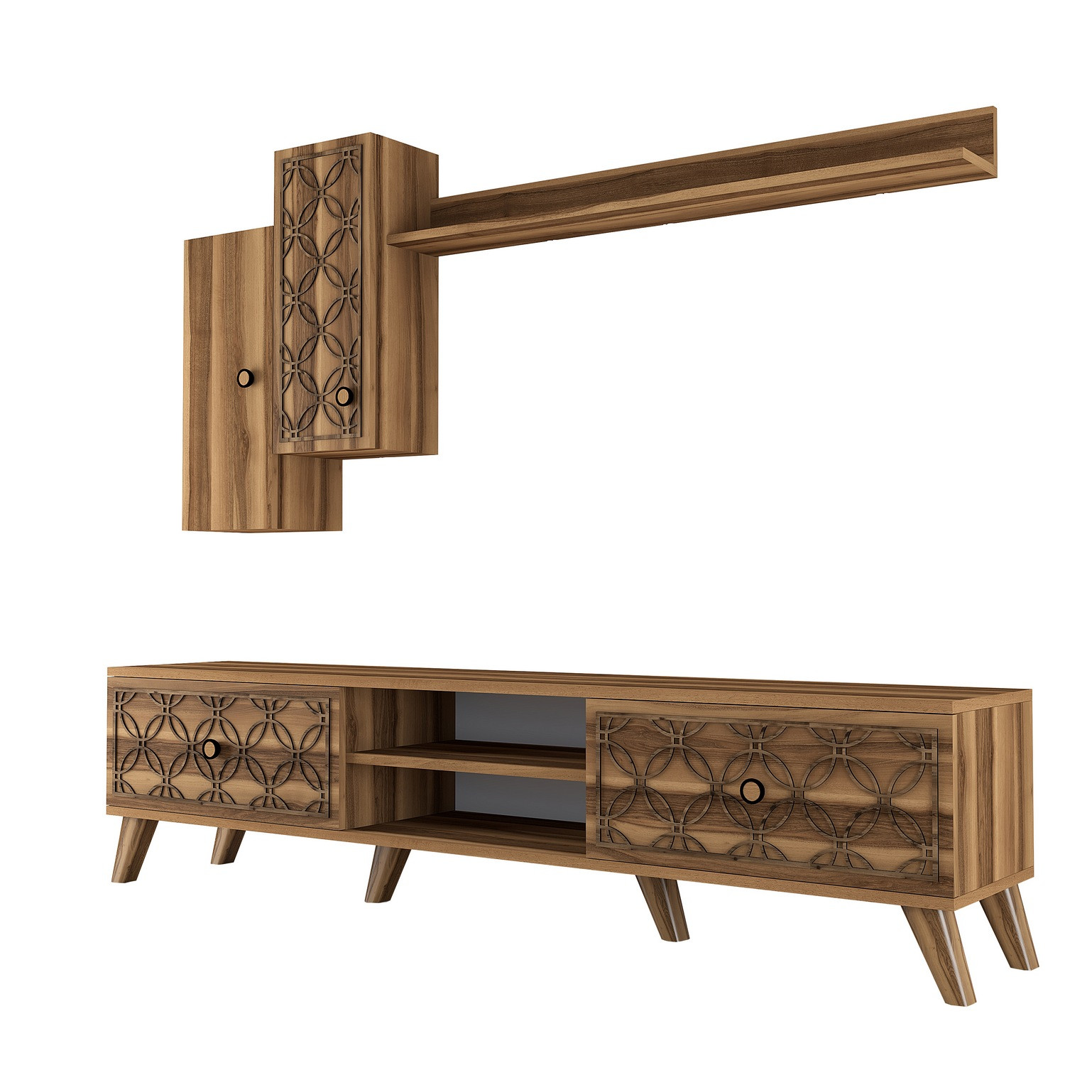 Ensemble meuble TV et étagère murale Varize Motif Arabesque Bois Naturel