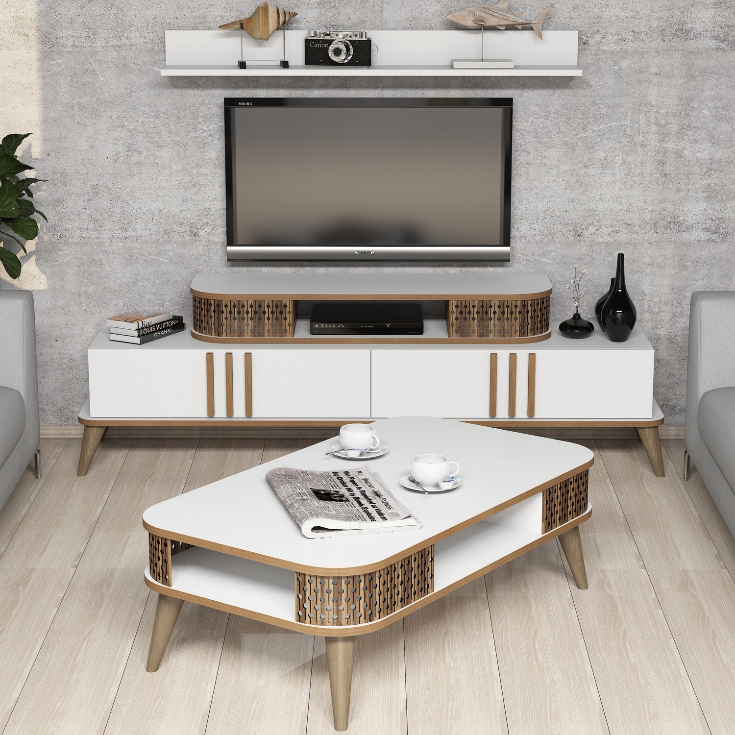 Ensemble meuble TV et table basse et étagère Chanez Bois et Blanc