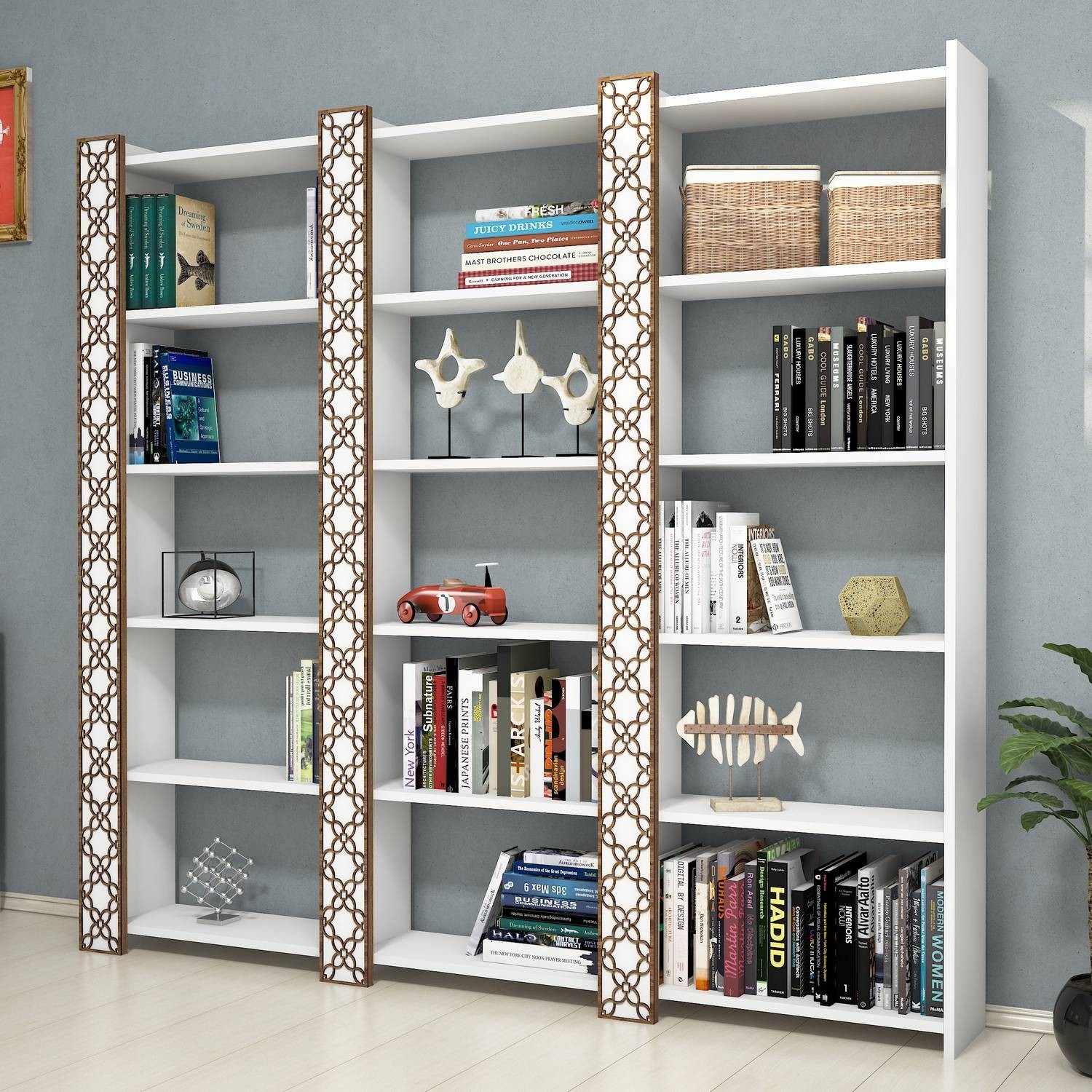 Étagère bibliothèque 3 rangées Oppidanus L184cm Bois et Blanc