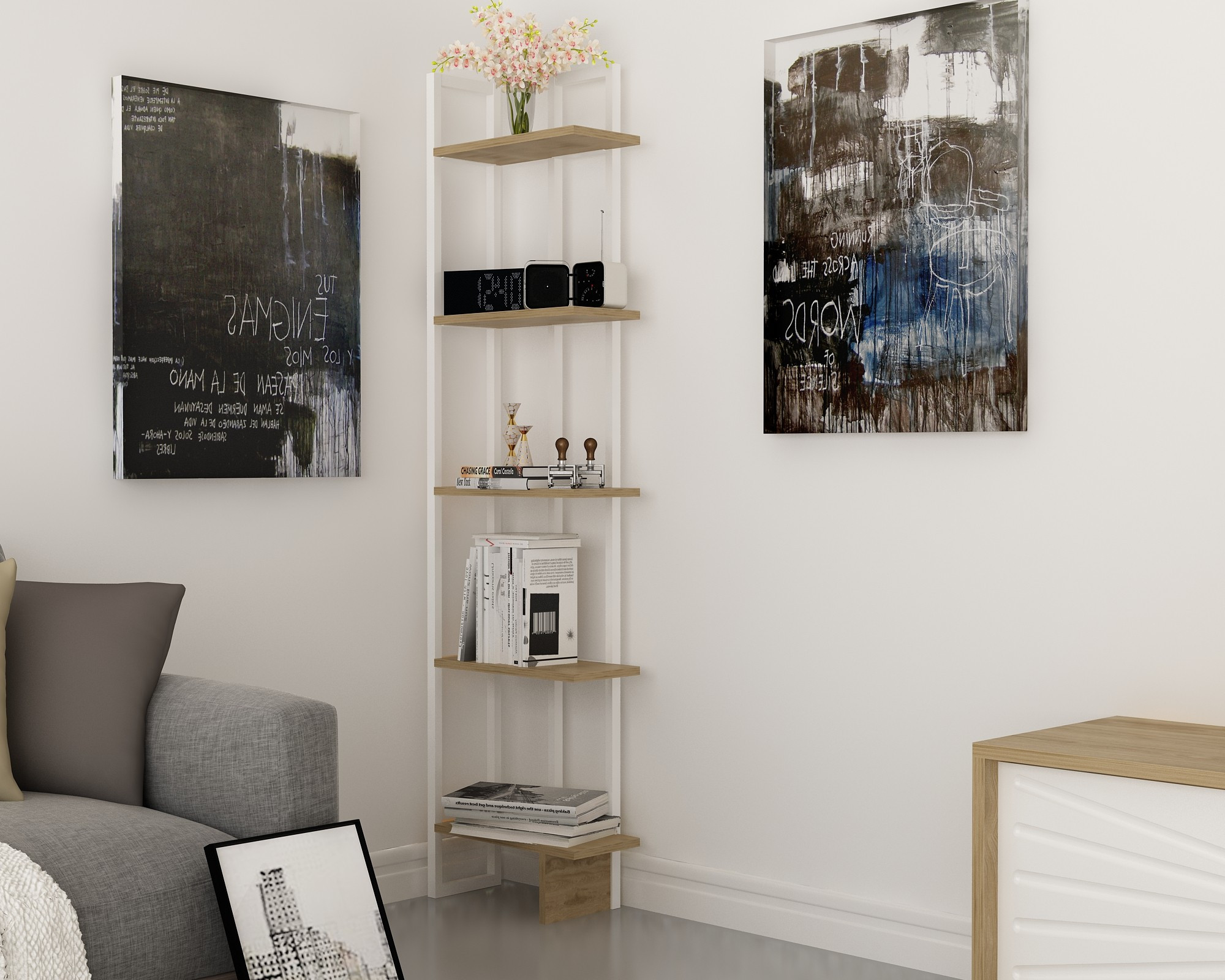 Étagère bibliothèque d'angle Haesitavit 180cm Bois Chêne et Métal Blanc