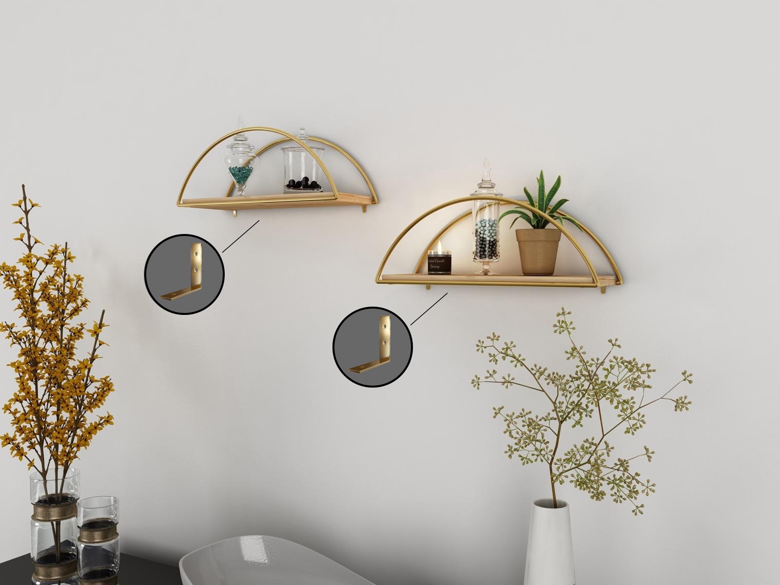 Étagère murale demi-cercle effet flottant Accordaem 41x17x16cm Bois Métal Brun Or