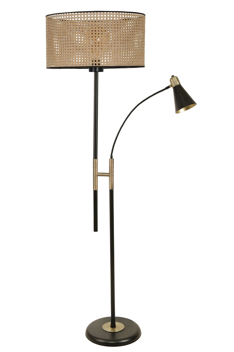 Lampadaire 2 ampoules Mulsum 165cm Cannage Beige et Métal Noir et Or