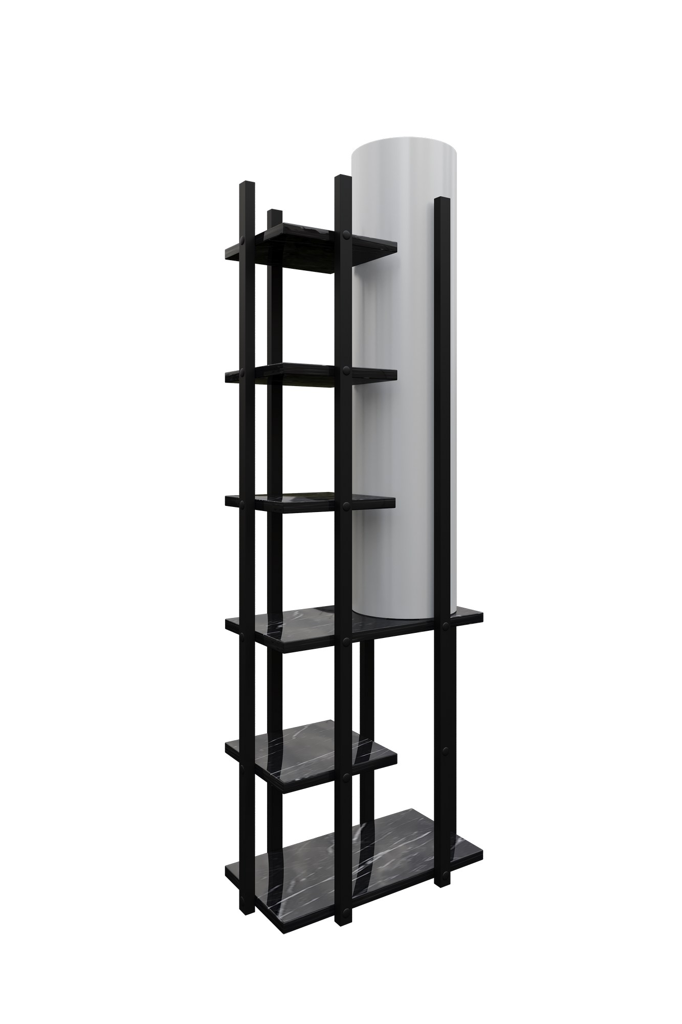 Lampadaire avec étagère au sol Ulkady H135cm Bois Noir et Effet marbre Noir  et Tissu Blanc