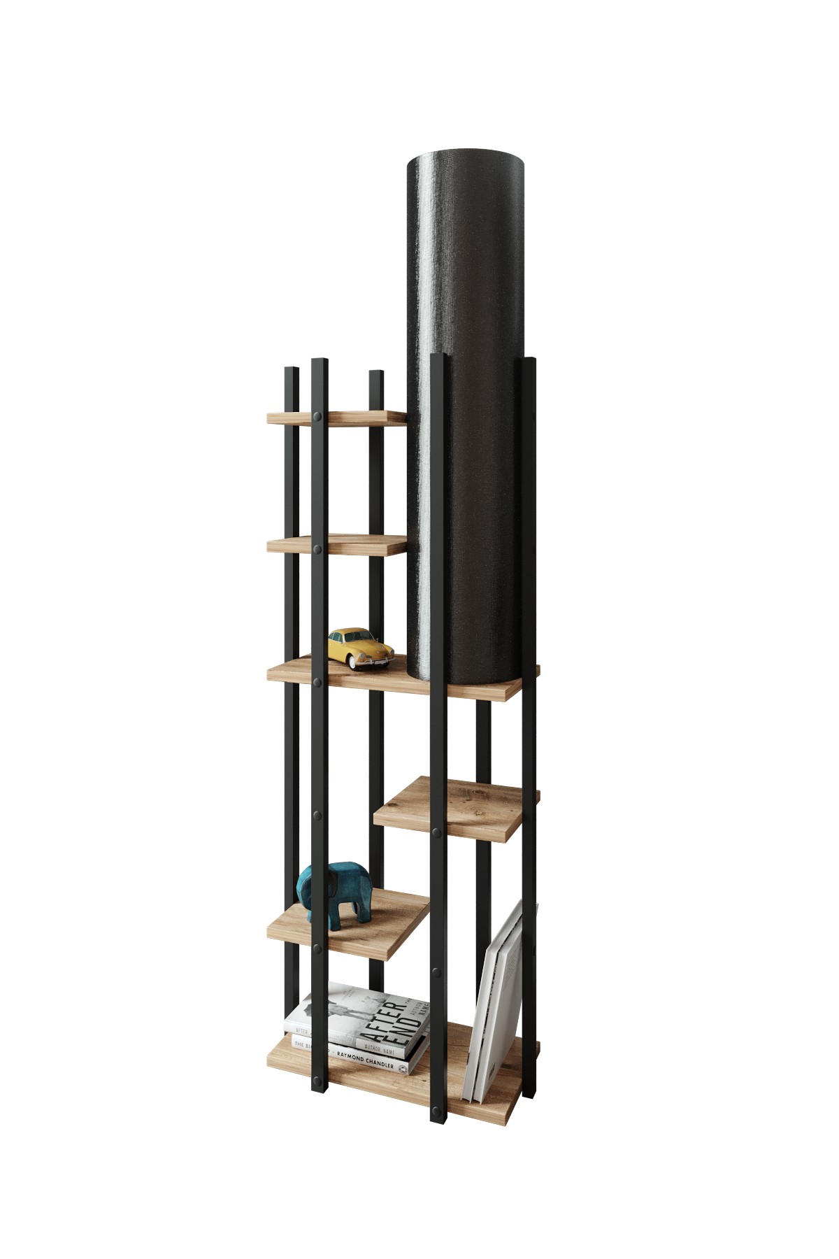 Lampadaire avec étagère au sol Ulkady H160cm Bois clair et Noir et Tissu Noir