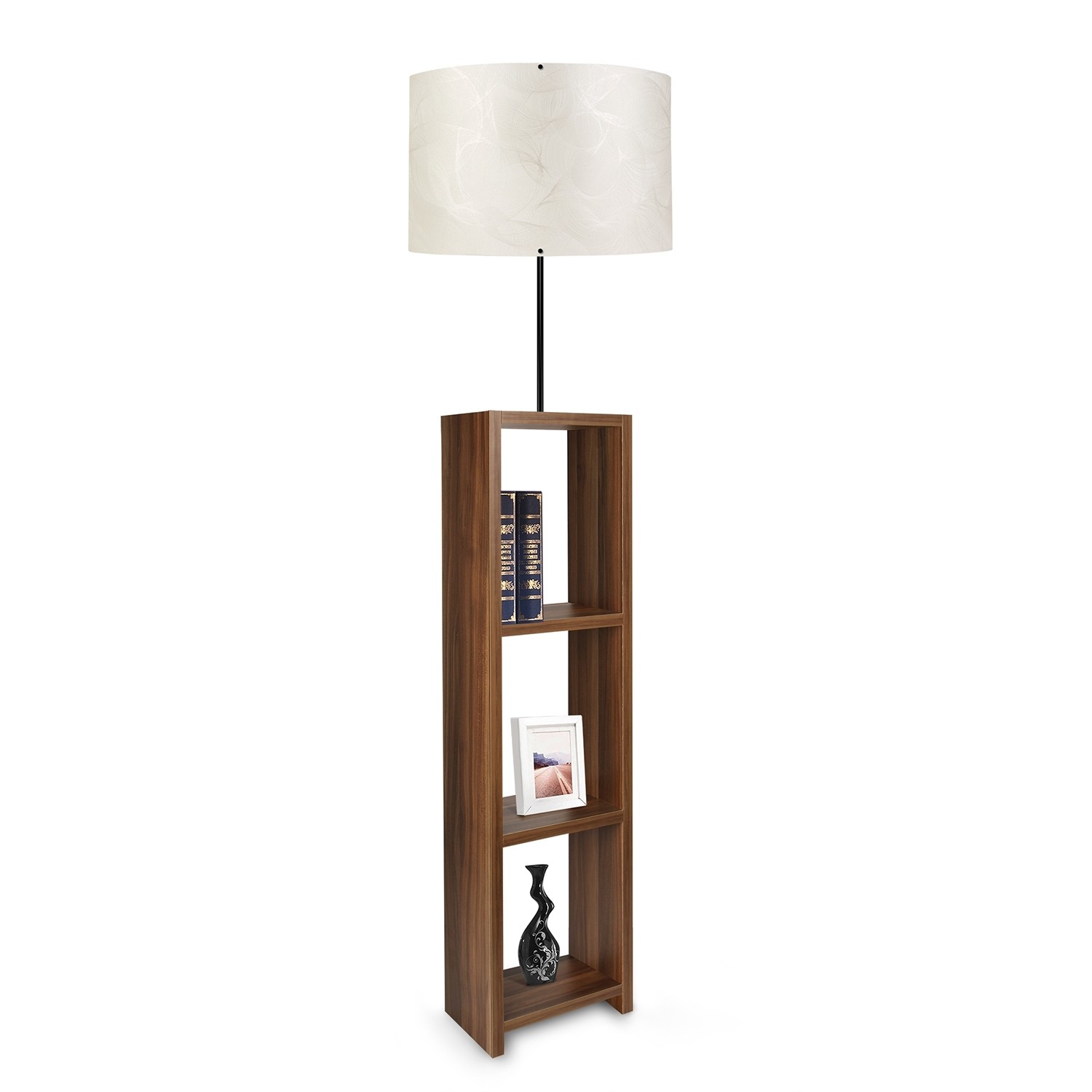 Lampadaire combiné 3 étagères Taura Tissu effet Circulaire Ecru et Bois Marron