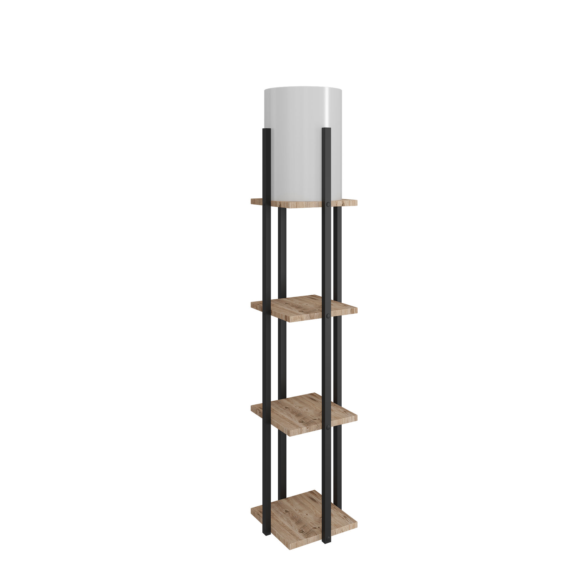 Lampadaire combiné 3 étagères Ulkoda 135cm Bois Naturel et Noir et Tissu Blanc