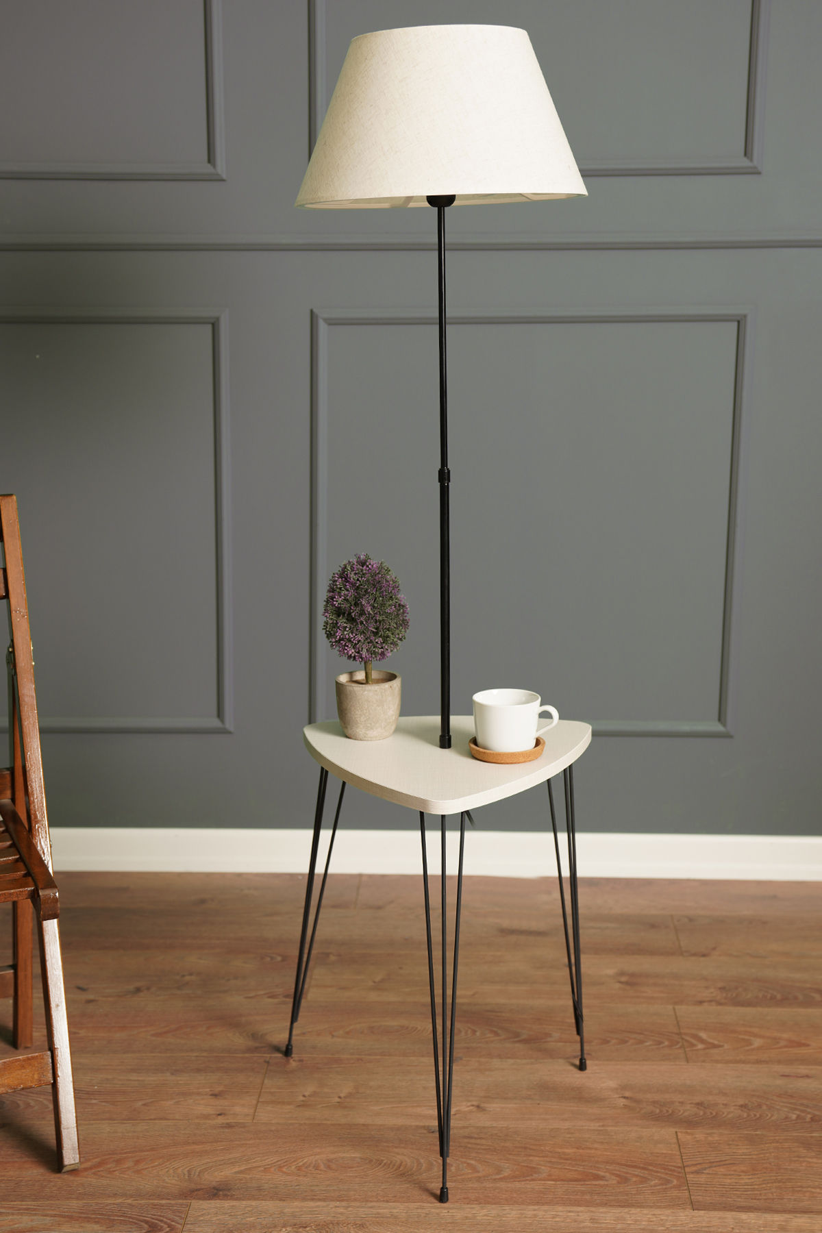 Lampadaire et bout de canapé Norral H147cm Bois et Tissu Beige et Métal Noir