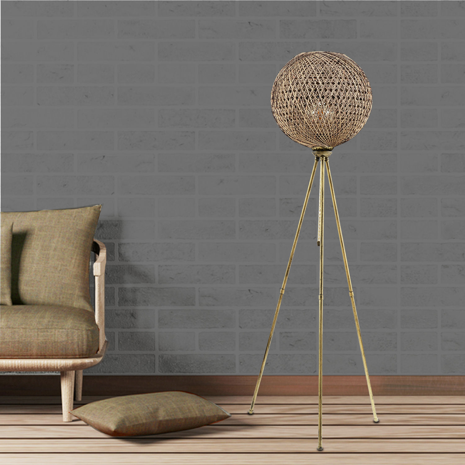Lampadaire trépied Bolle boule cannage 138cm Métal Or et Jute Noir