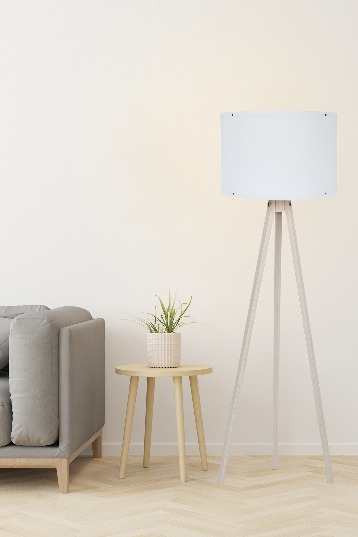 Lampadaire trépied Luca 145cm Tissu Blanc et Bois Blanc Blanc créme