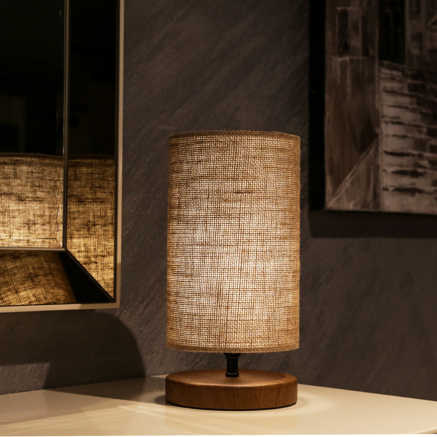 Lampe à poser Arkas H31cm Bois Naturel et Tissu Osier