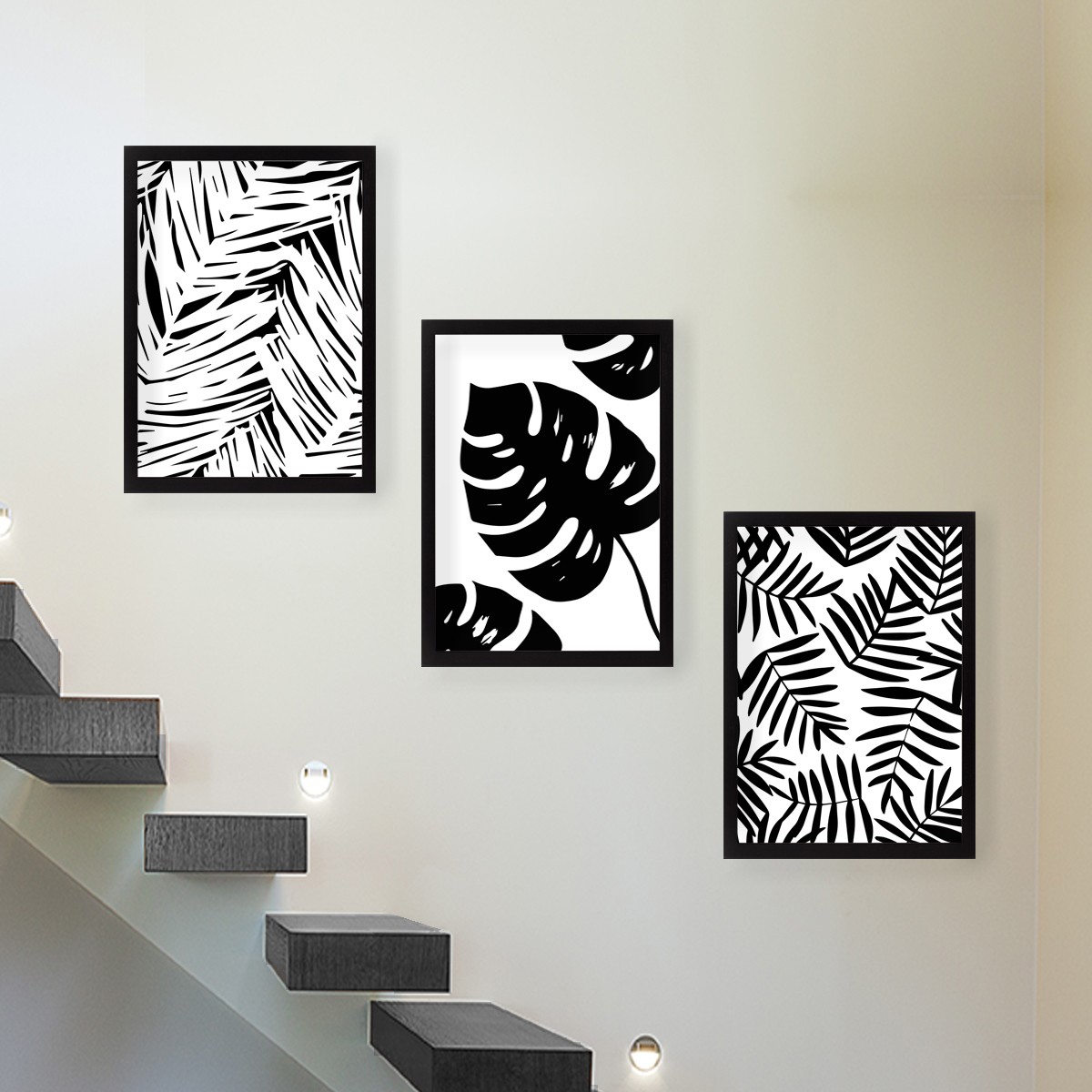 Lot 3 tableaux Aranea L24xH29cm Motif Feuilles tropicales Noir et Blanc