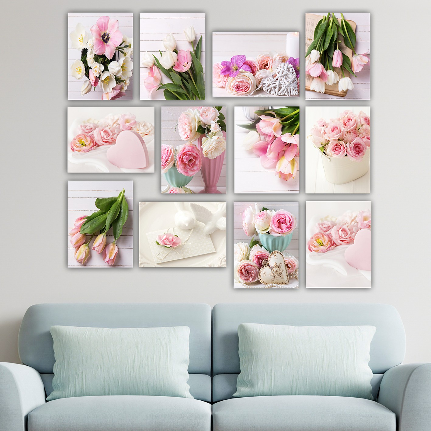 Lot de 12 tableaux Aranea L20xH15cm Motif Roses et tulipes Rose, Vert et Blanc