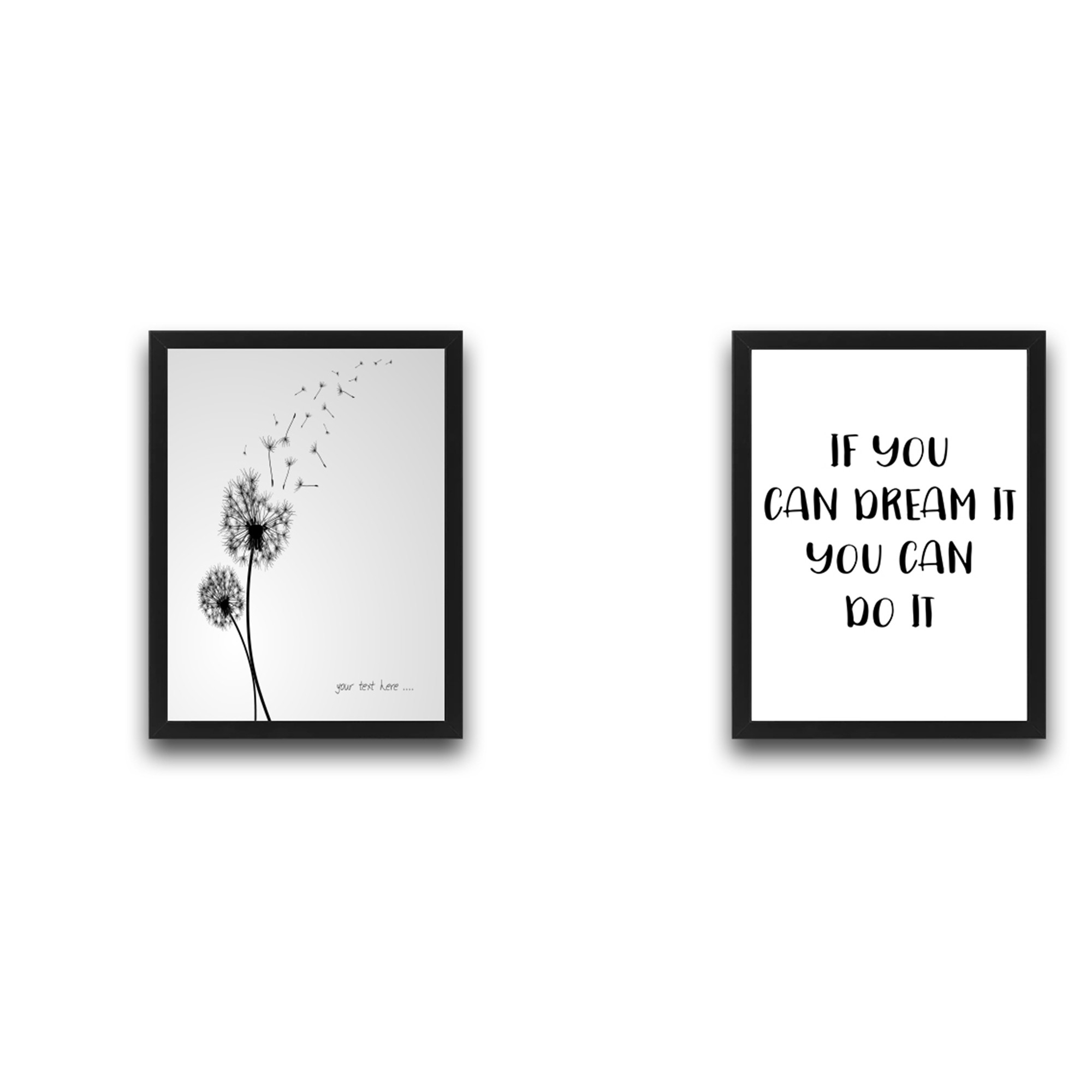 Lot de 2 tableaux Duo L30xH40 Motif Pissenlits et Citation Noir et Blanc