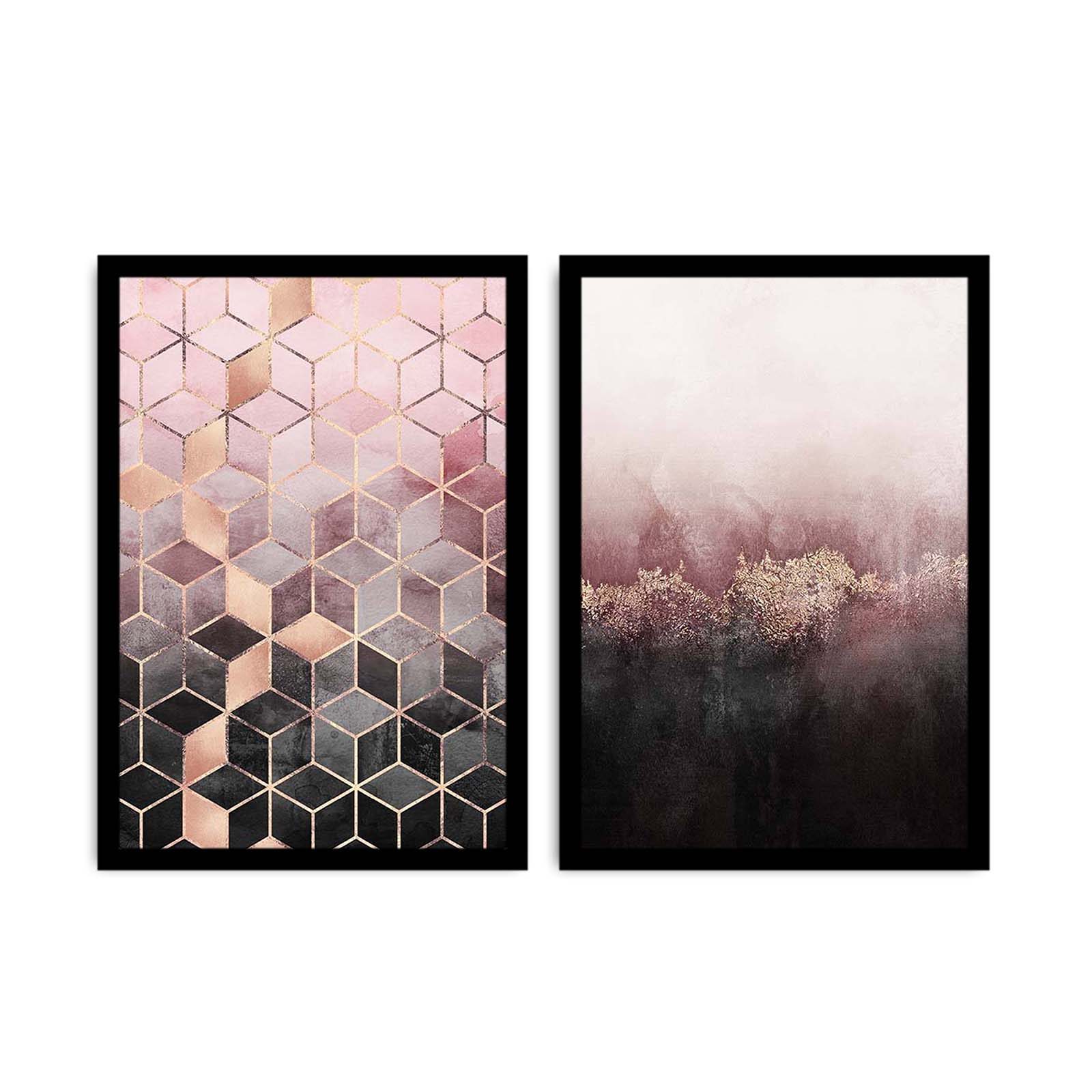 Lot de 2 tableaux encadrée en Noir Pictor L74xH51cm Motif Géométrique abstrait, Nuances de rose, Gris et Noir