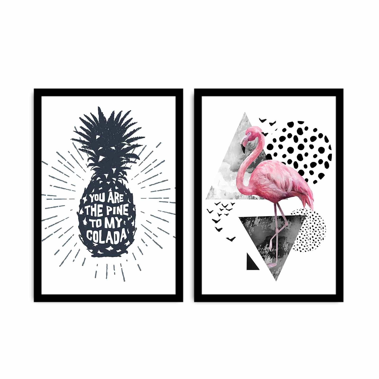 Lot de 2 tableaux Pictor encadrés en Noir L72xH50cm Motif Flammant Rose et Ananas Noir et Blanc