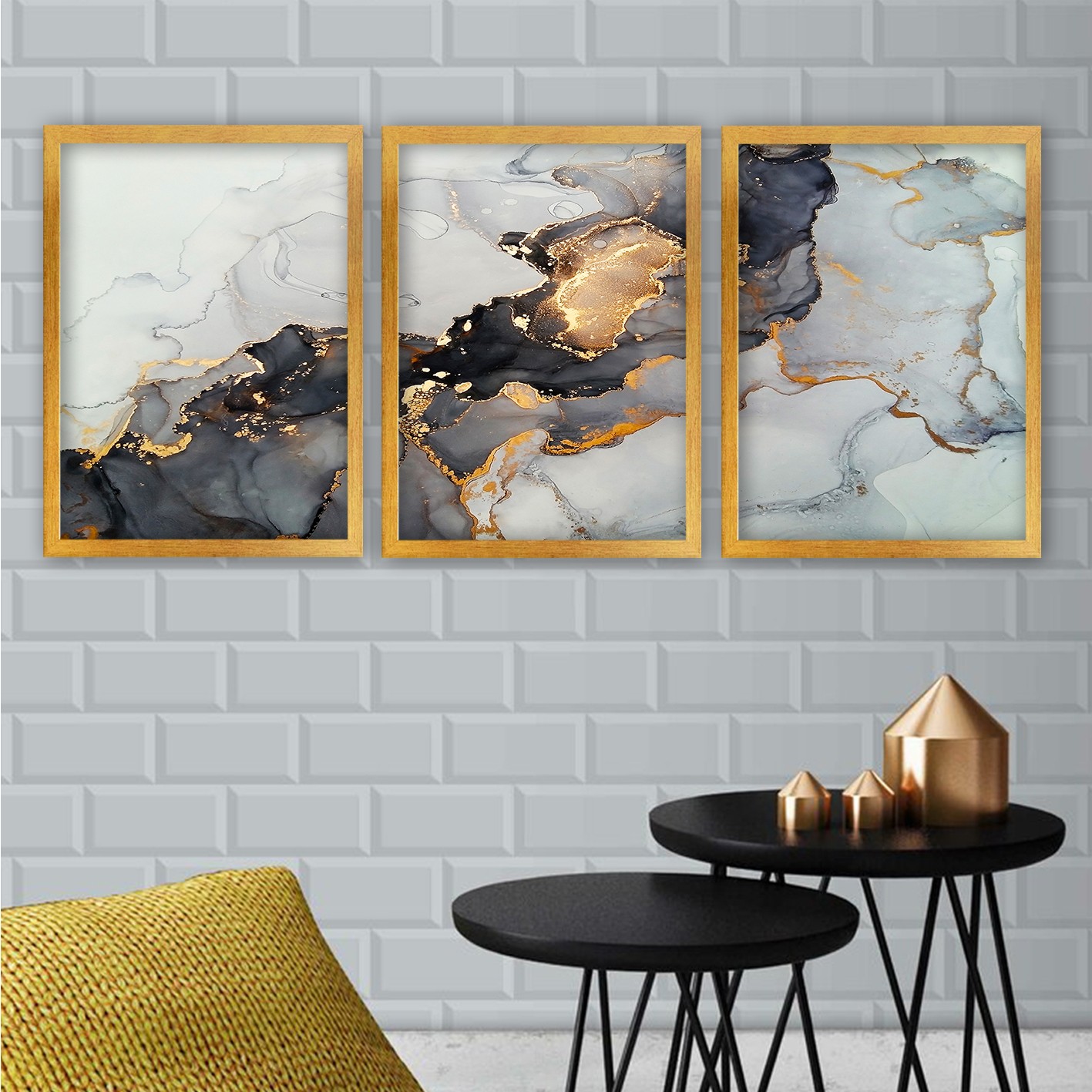 Lot de 3 tableaux encadrés Chêne Eula L35xH45cm Motif Effet marbre Blanc, Gris et Or