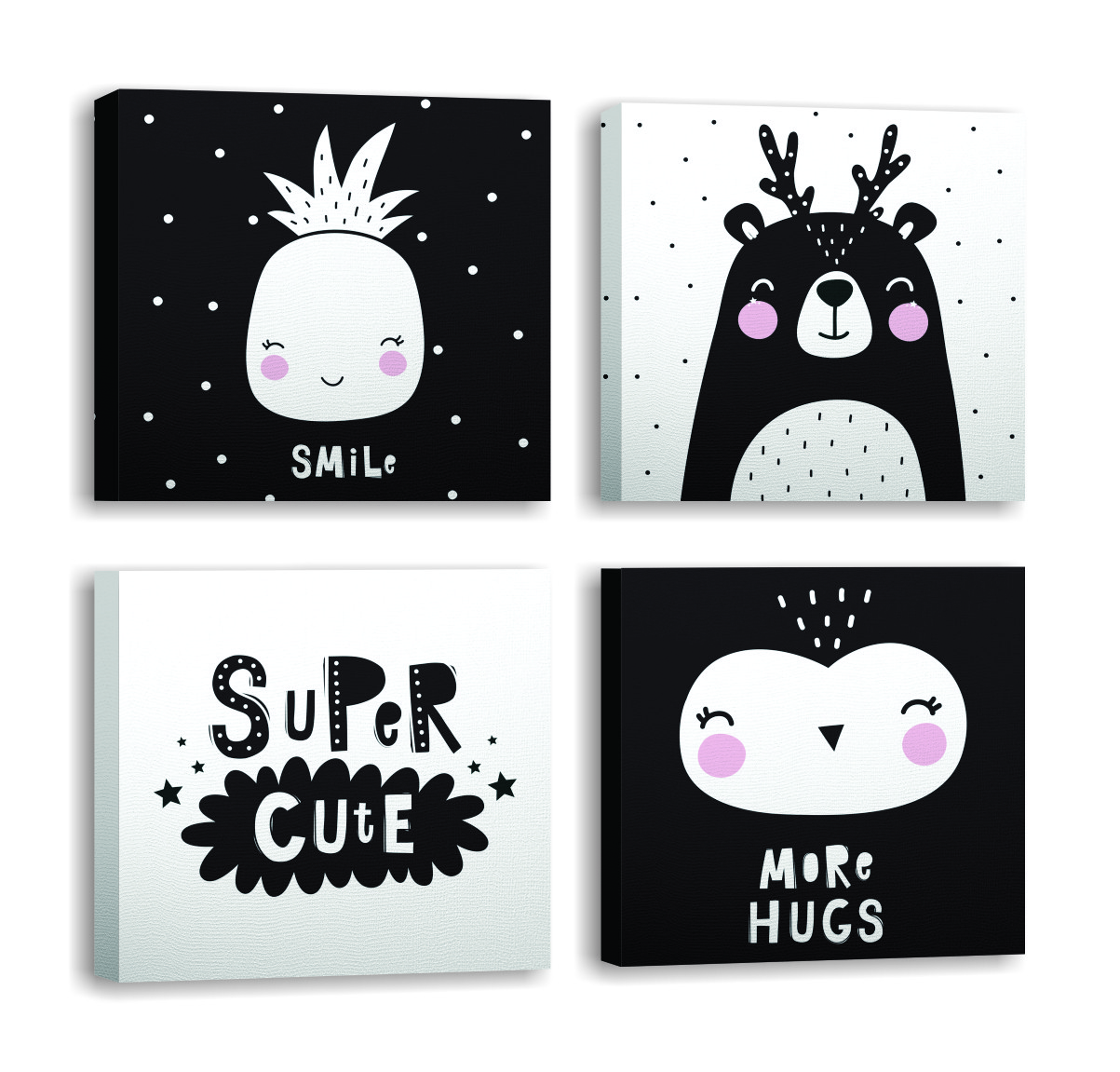 Lot de 4 tableaux décoratifs Nit Motif Enfantin animaux et positivité Noir et Blanc