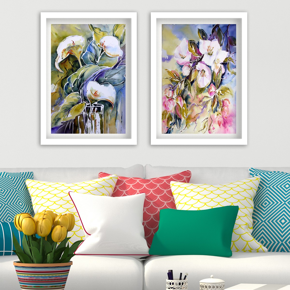 Lot de 4 tableaux encadré Blanc Eula 35x45cm Motif Peinture florale abstrait
