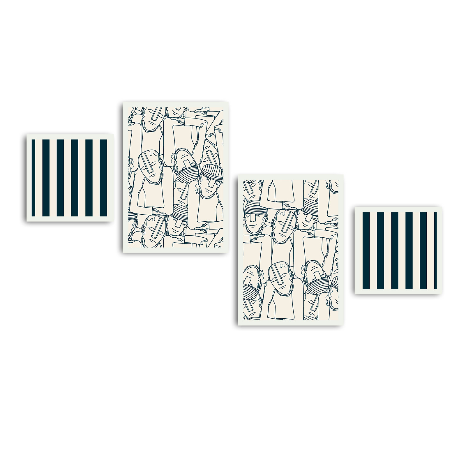 Lot de 4 tableaux encadrés en Blanc Pictor L136xH75cm Motif Rayures verticales et figures abstraites Noir et Blanc