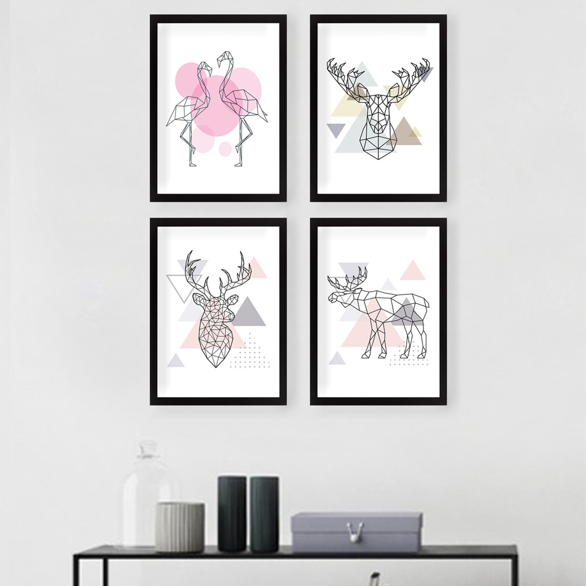 Lot de 4 tableaux encadrés Noir Manticore L24xH29cm Motif Origami animaux