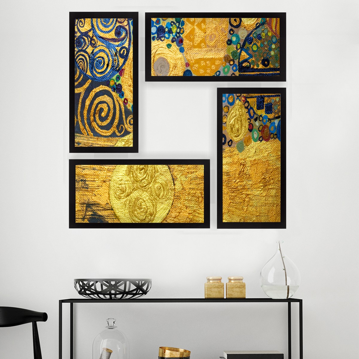 Lot de 4 tableaux quadriptyque encadré Noir Artiso Motif Abstrait spirales