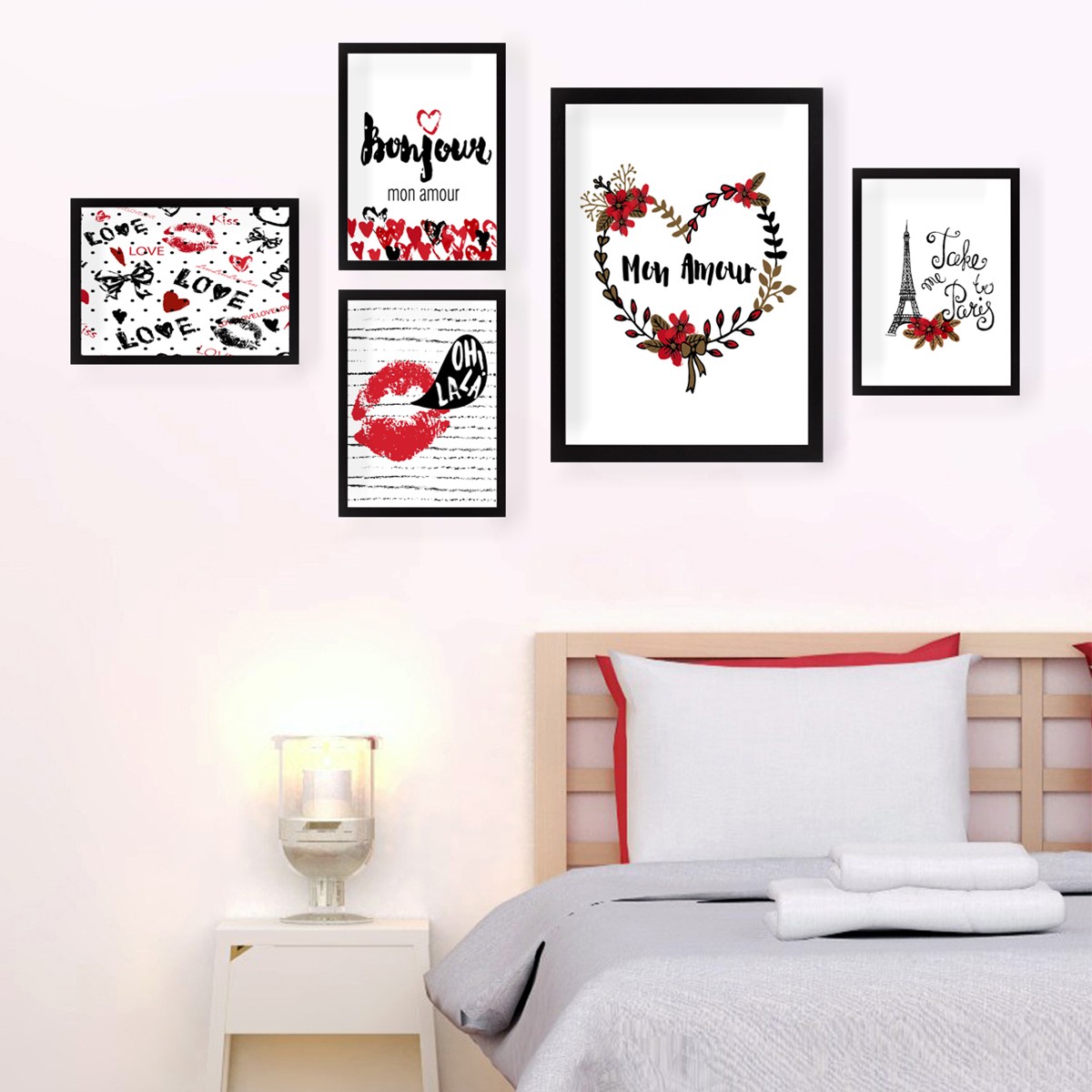 Lot de 5 tableaux encadrés Noir Aranea Motif Amour