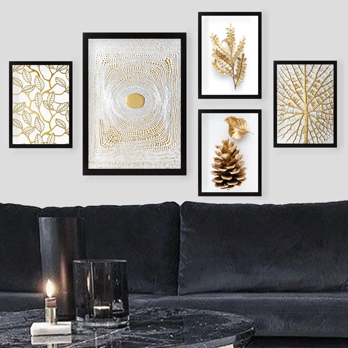 Lot de 5 tableaux encadrés Noir Aranea Motif Nervure et botanique Or et Blanc