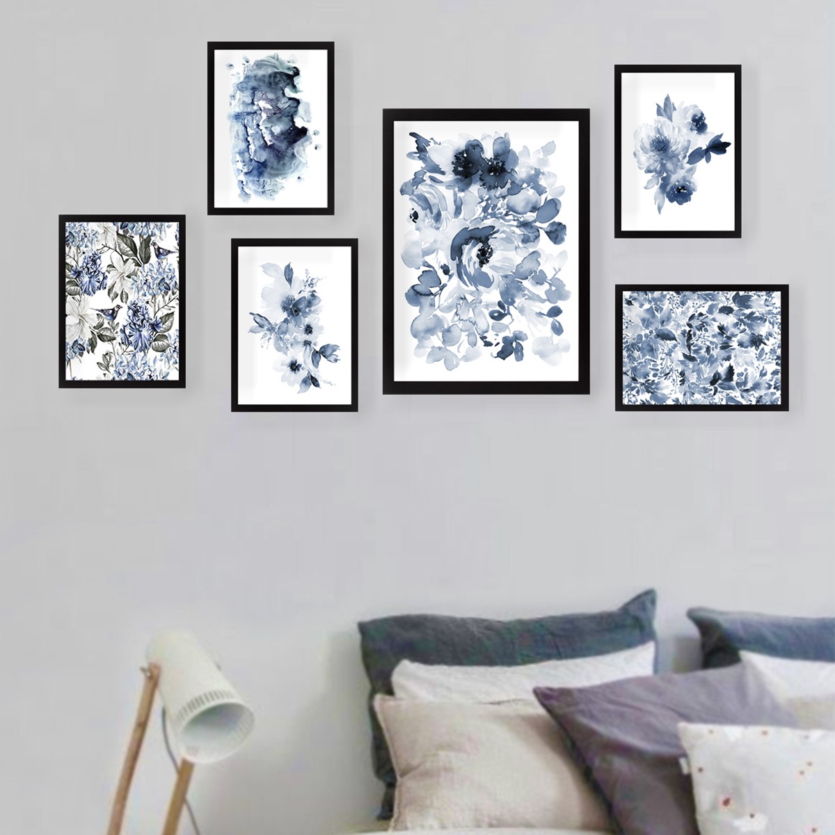 Lot de  6 tableaux encadrés Noir Aranea Motif Florale abstrait nuance de Bleu