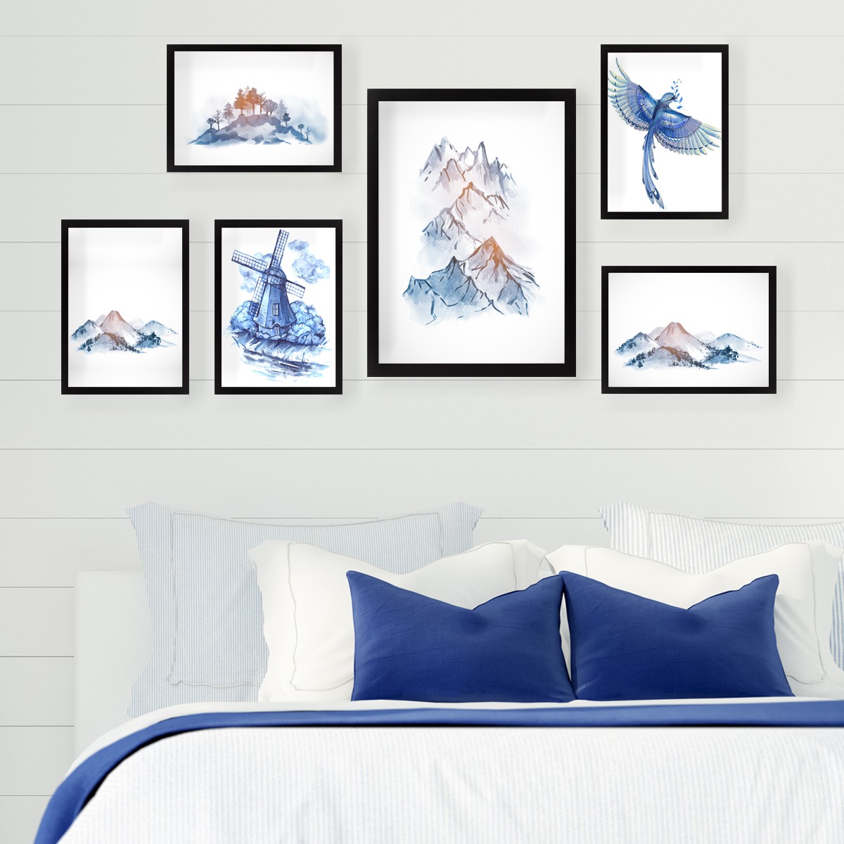 Lot de 6 tableaux encadrés Noir Aranea Motif Paysage nature nuance de Bleu